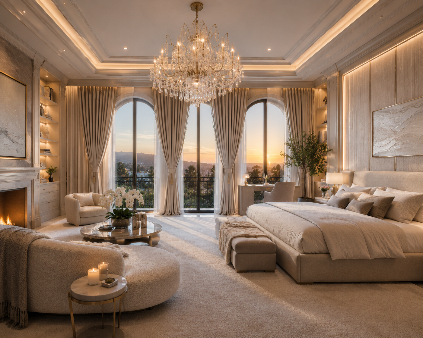Holmby Hills primary suite at sunset with three-layer motorized drapery — performance sheer, oat-toned Belgian linen over-drapery, and warm-neutral blackout — framing two walls of glass behind an upholstered bed