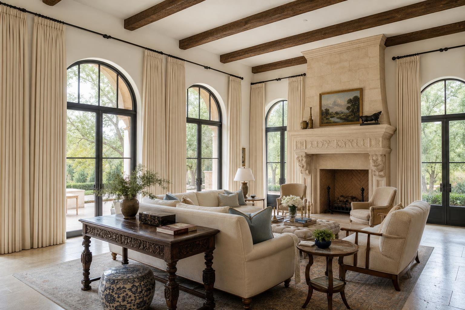 Woodland Hills traditional Mediterranean residence with hand-tacked French pleat drapery in a warm cream wool-and-linen blend, ceiling-mounted on hand-forged bronze rods over tall library windows