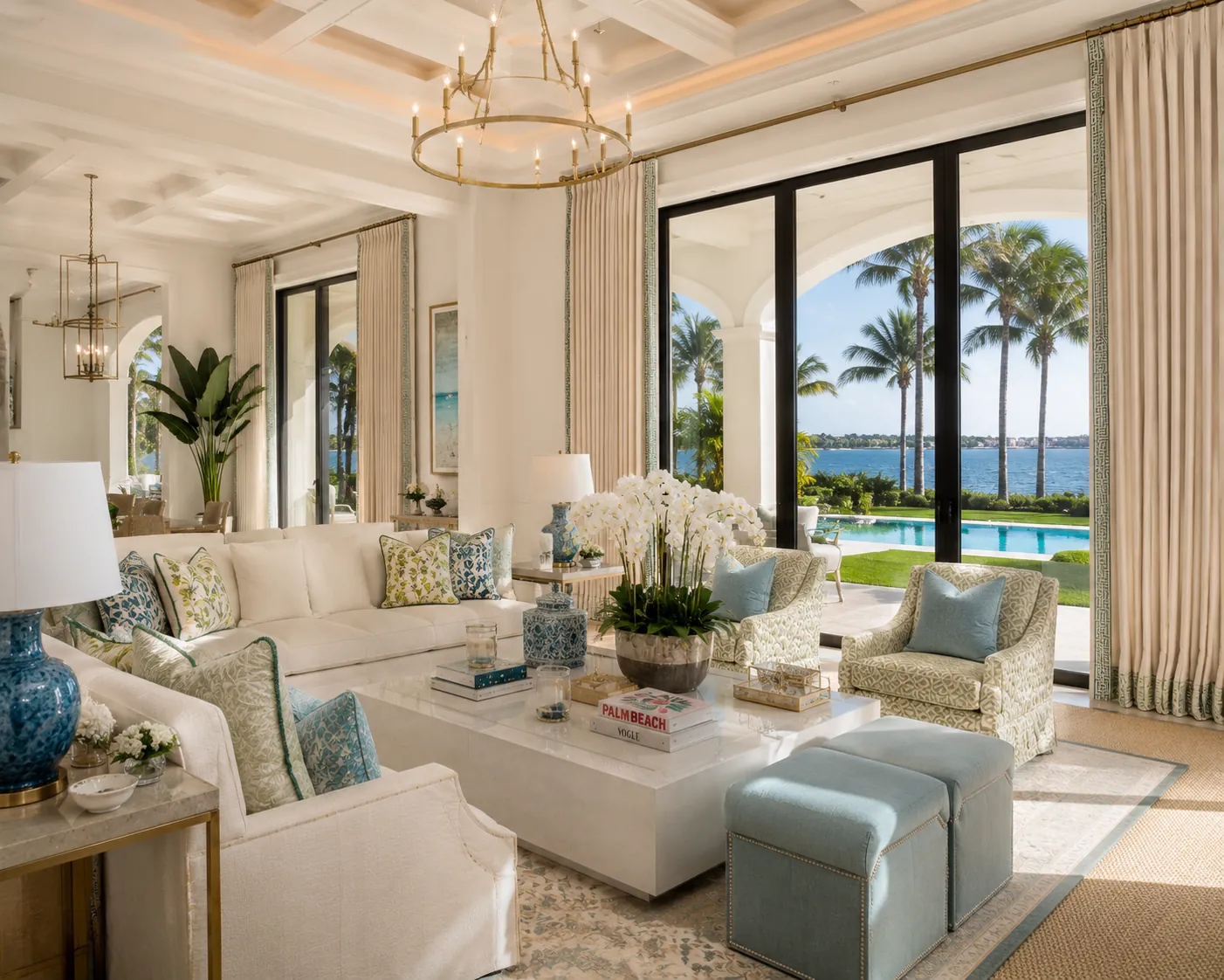 Elegant coastal living room with tailored cream drapery framing tall steel doors, layered around a palm-lined waterfront view