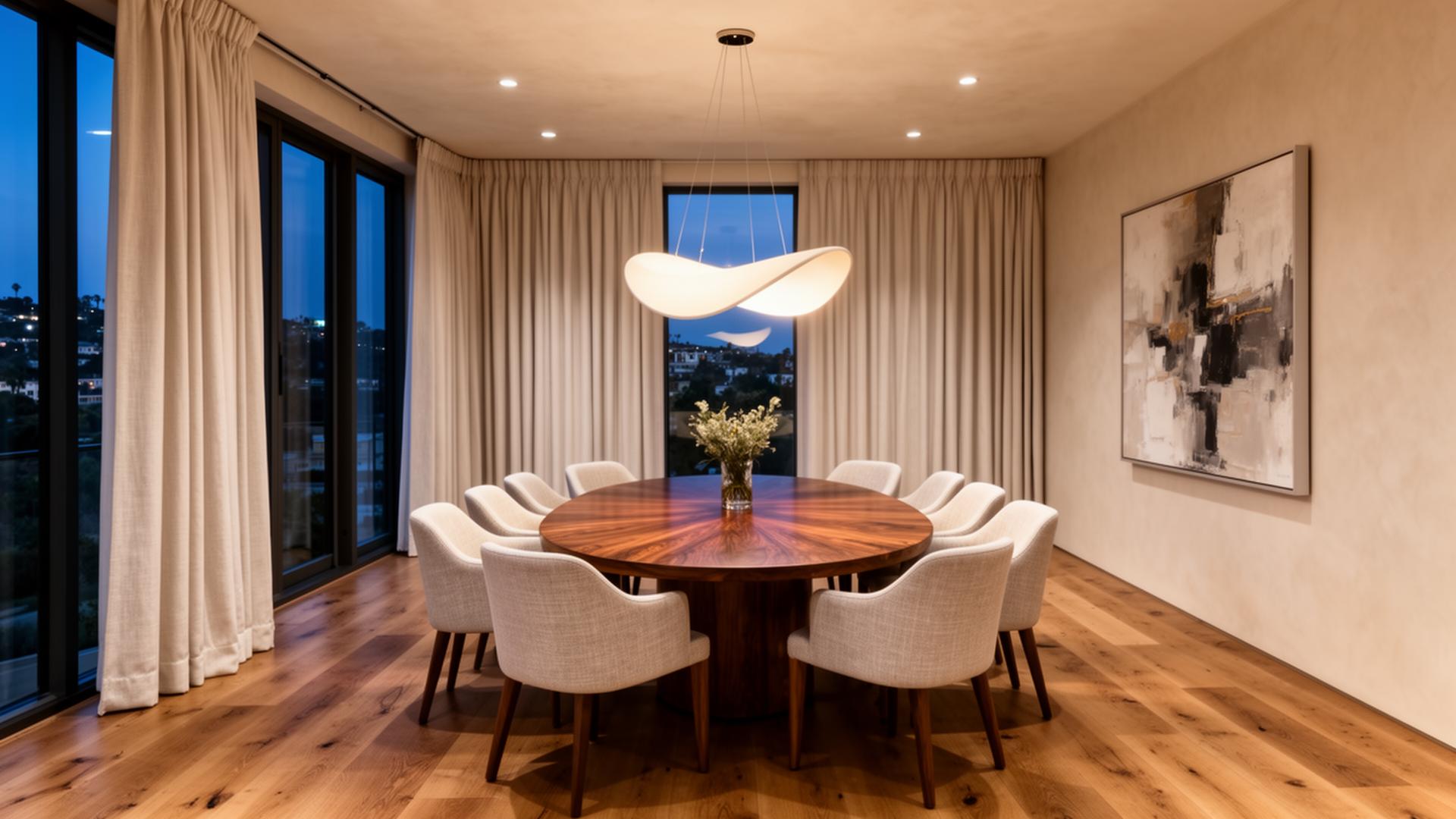 Studio City contemporary dining room with an oval walnut table, eight upholstered linen chairs, sculptural pendant light, and floor-to-ceiling pale champagne silk-linen cartridge pleat drapery on a custom-bent traverse rod across a window bay at dusk