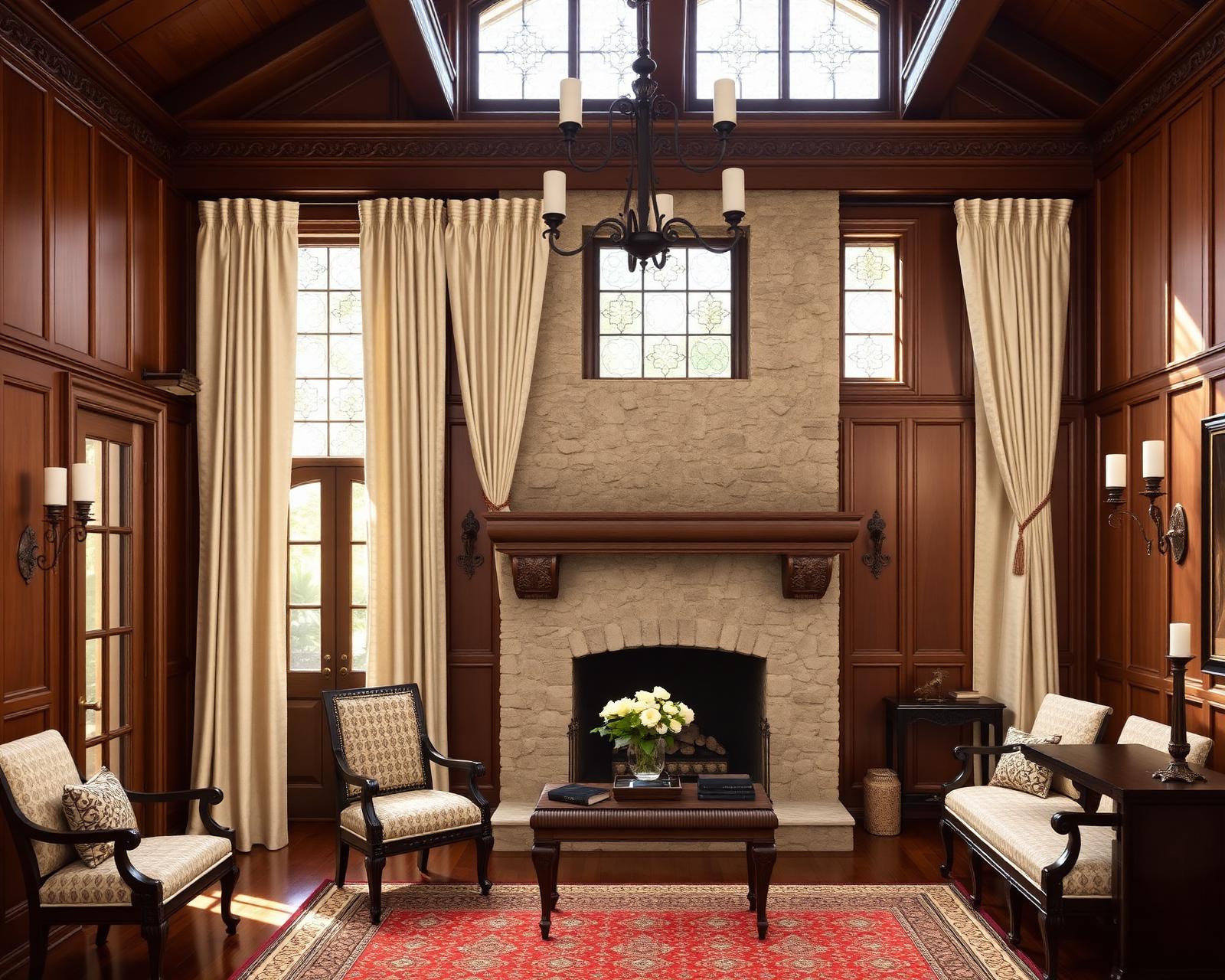1924 Hancock Park Tudor formal living room with original walnut paneling, leaded-glass casement windows, carved ceiling beam, and floor-to-ceiling pinch pleat drapery in parchment-ground wool-silk damask on hand-forged iron rods with blacksmith-made finials