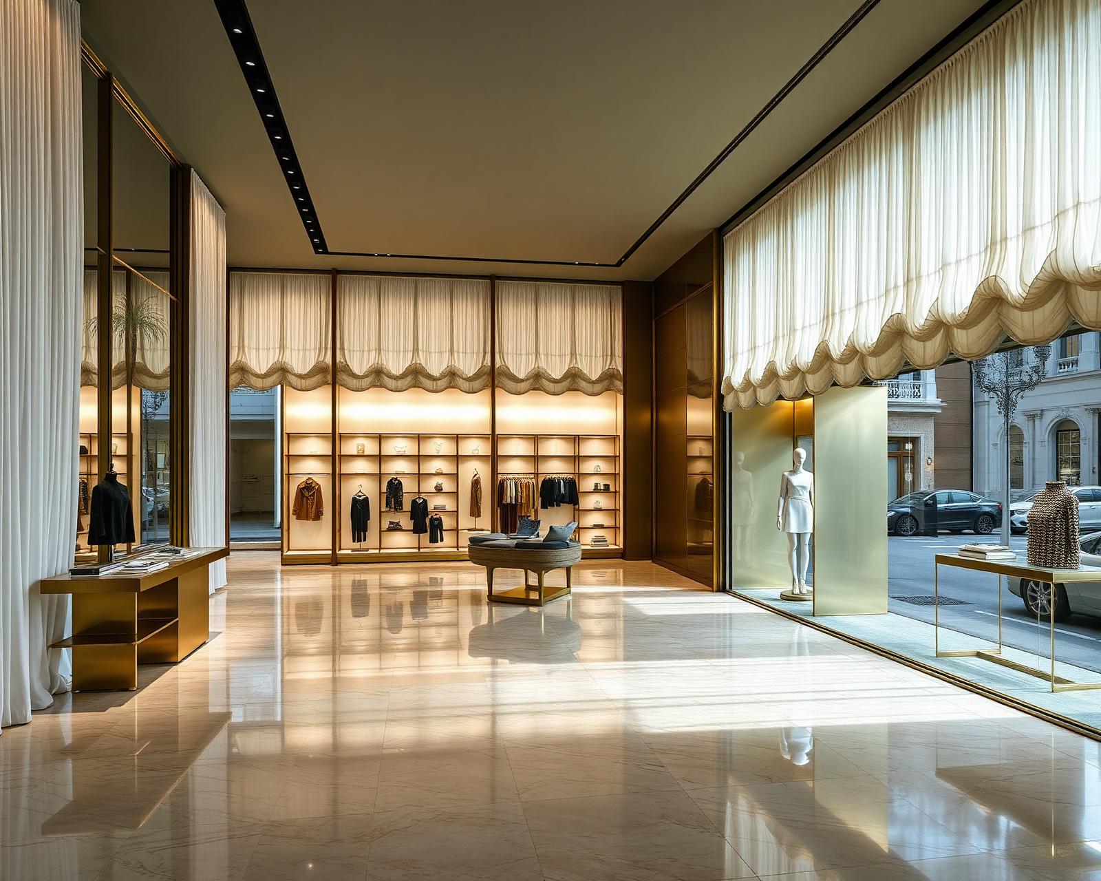Beverly Hills luxury fashion retail flagship interior with double-height storefront facing Rodeo Drive, travertine floor, brass display fixtures, and ivory inherent-FR silk-look ripple fold sheer drapery on concealed ceiling track at the storefront glass