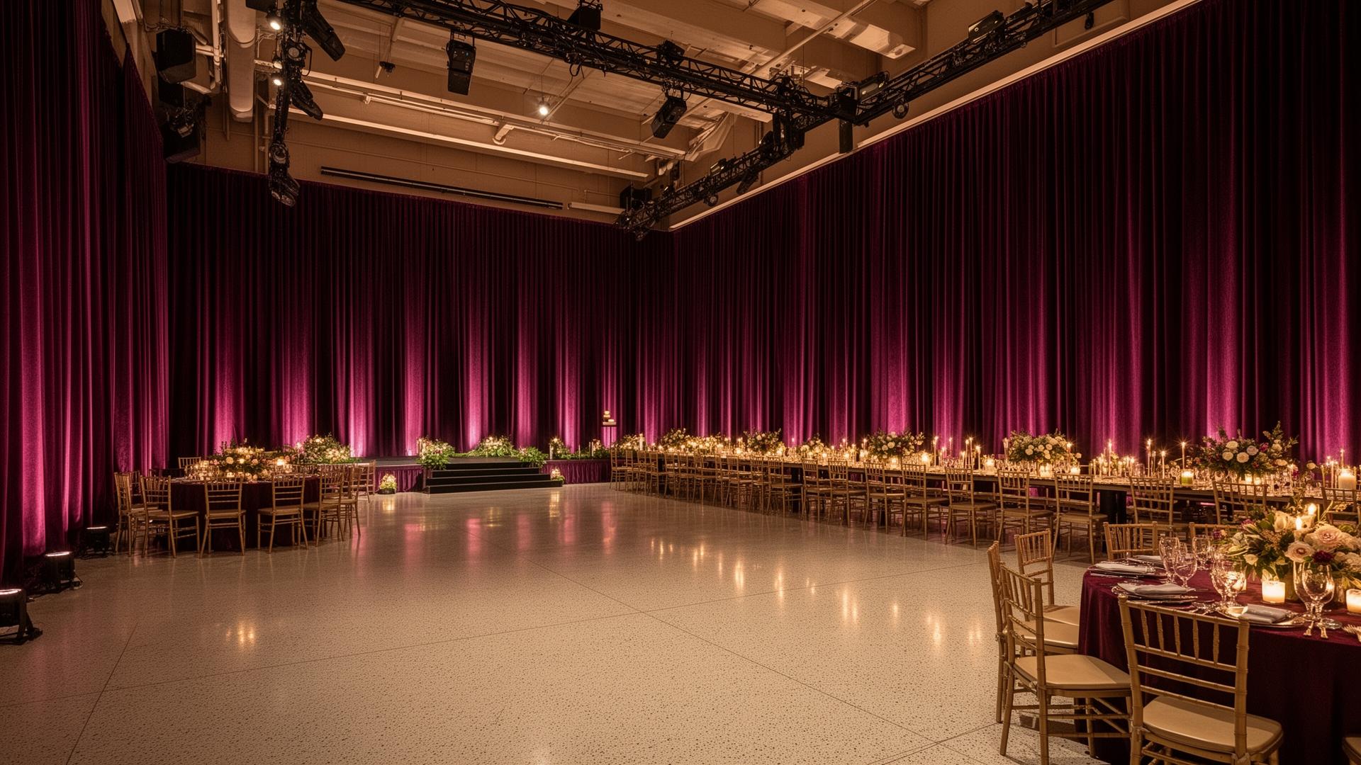 Santa Monica event venue set for an evening reception with long candle-lit tables, gold chiavari chairs, and heavyweight inherent-FR deep stone-gray velvet drapery on stage-grade traverse tracks framing the perimeter and stage end of the room