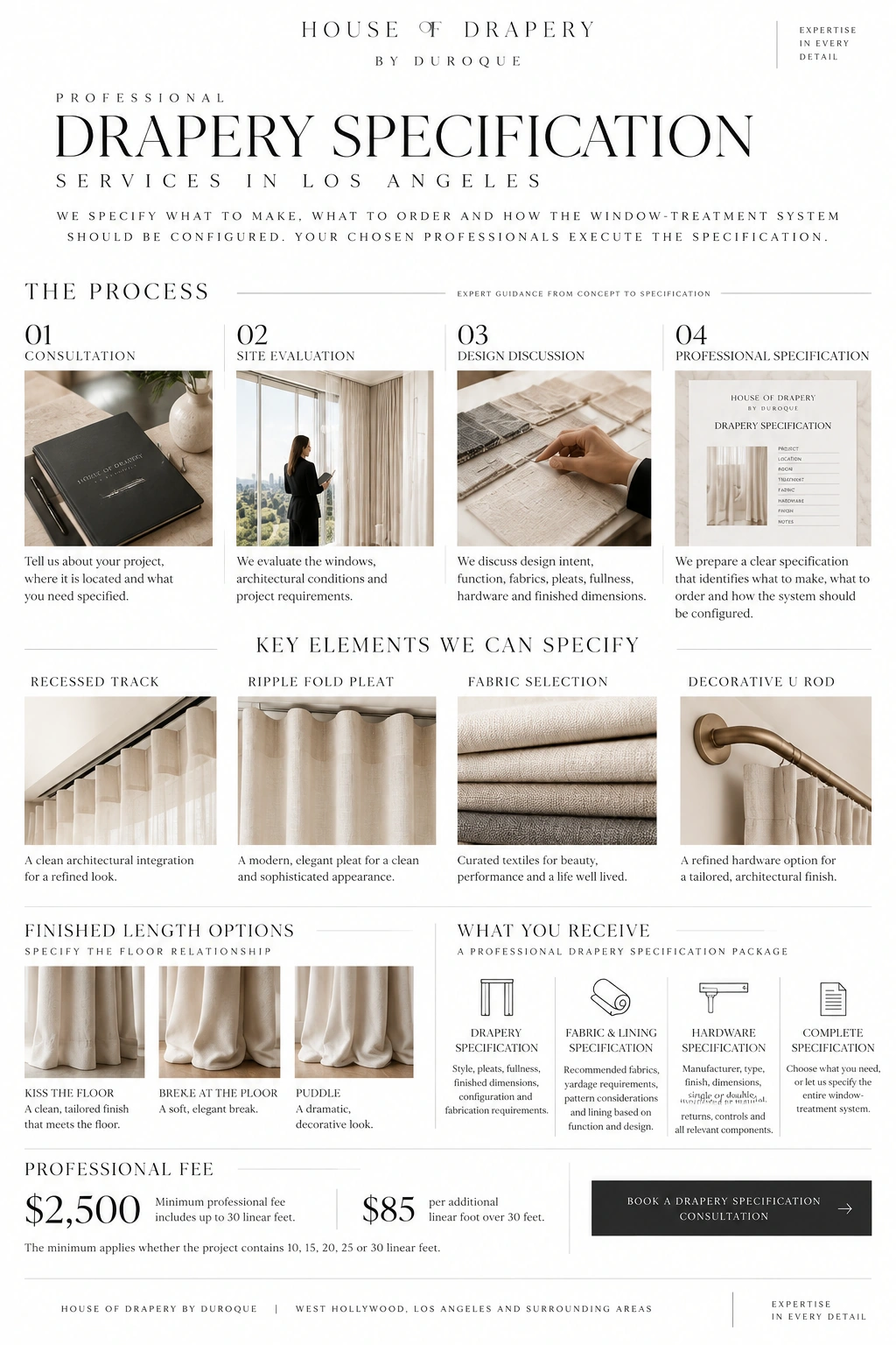House of Drapery professional drapery specification service in Los Angeles showing site evaluation, ripple fold drapery, recessed track, fabric selection, decorative hardware, finished-length options and specification deliverables.