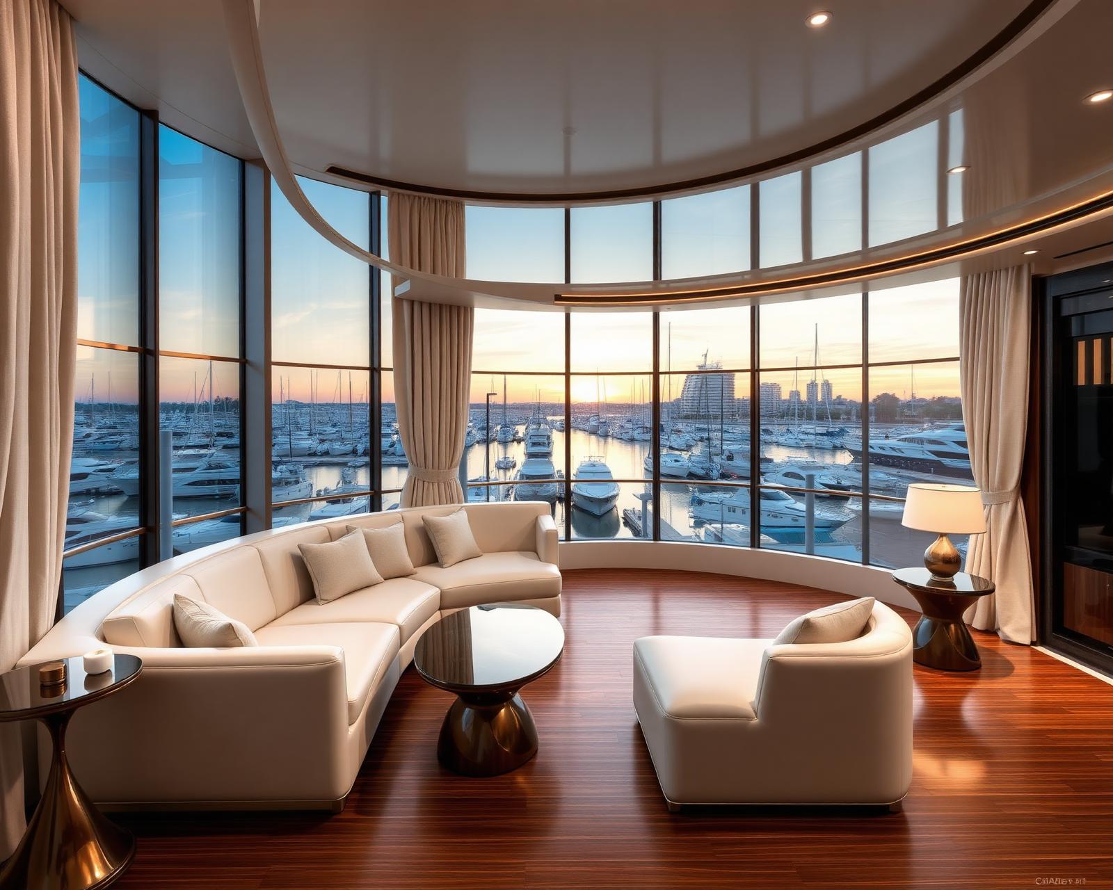 Main salon of a 130-foot luxury motor yacht in Marina del Rey at sunset, with curved panoramic salon windows facing the marina, polished teak floor, cream leather lounge seating, and marine-rated inherent-FR linen-look ripple fold drapery on a custom curved concealed marine-grade ceiling track