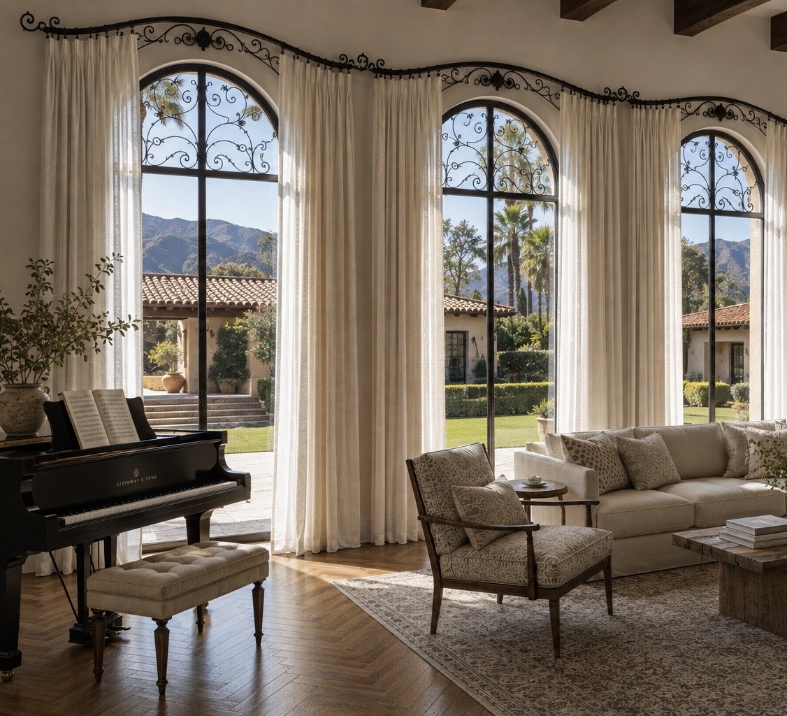 Sunlit Spanish Colonial living room with three tall arched windows, ironwork grilles, and floor-length ivory sheer drapery beside a grand piano