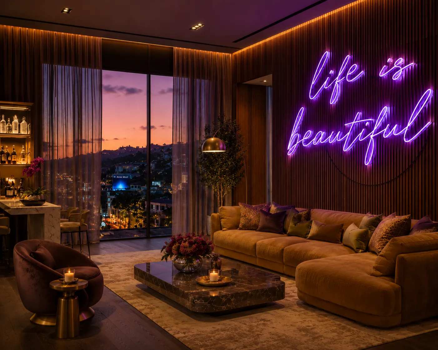 West Hollywood condominium living room at sunset with warm taupe sheers and bronze lined drapery panels framing floor-to-ceiling glass over the Sunset Strip view, dark wood-slat walls, marble bar and 'life is beautiful' neon