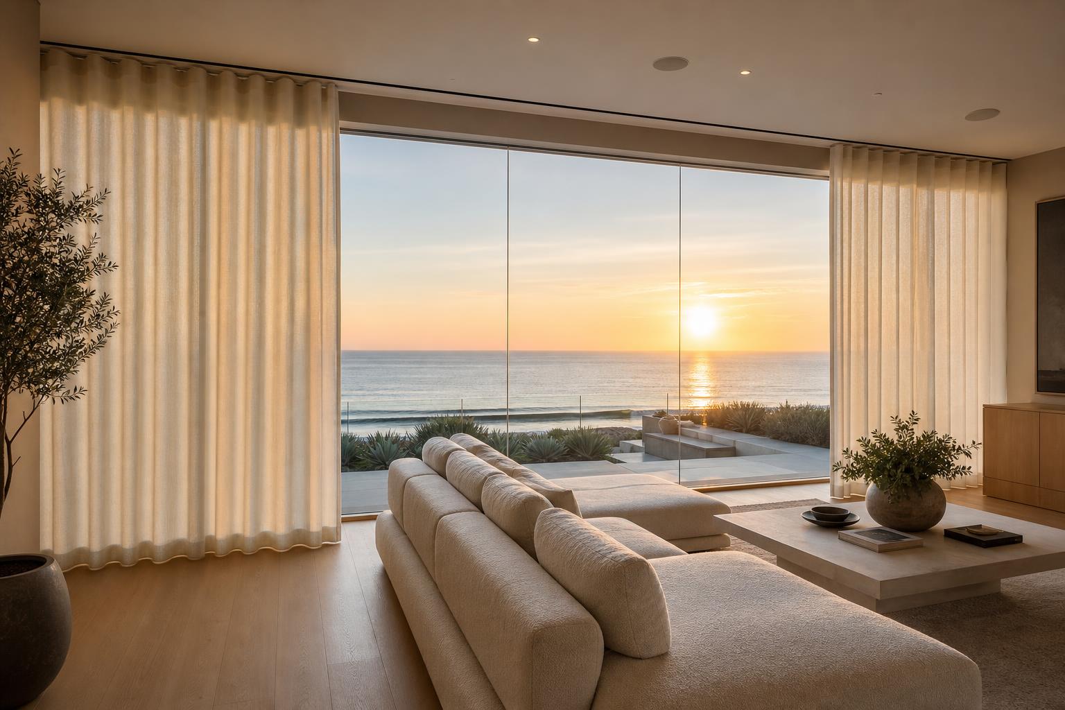Modern Manhattan Beach oceanfront great room at sunset with a 28-foot wall of glass dressed in motorized ripple-fold drapery in ivory performance linen, hung from a recessed ceiling pocket on a concealed motorized track, low bouclé sectional and white oak floors