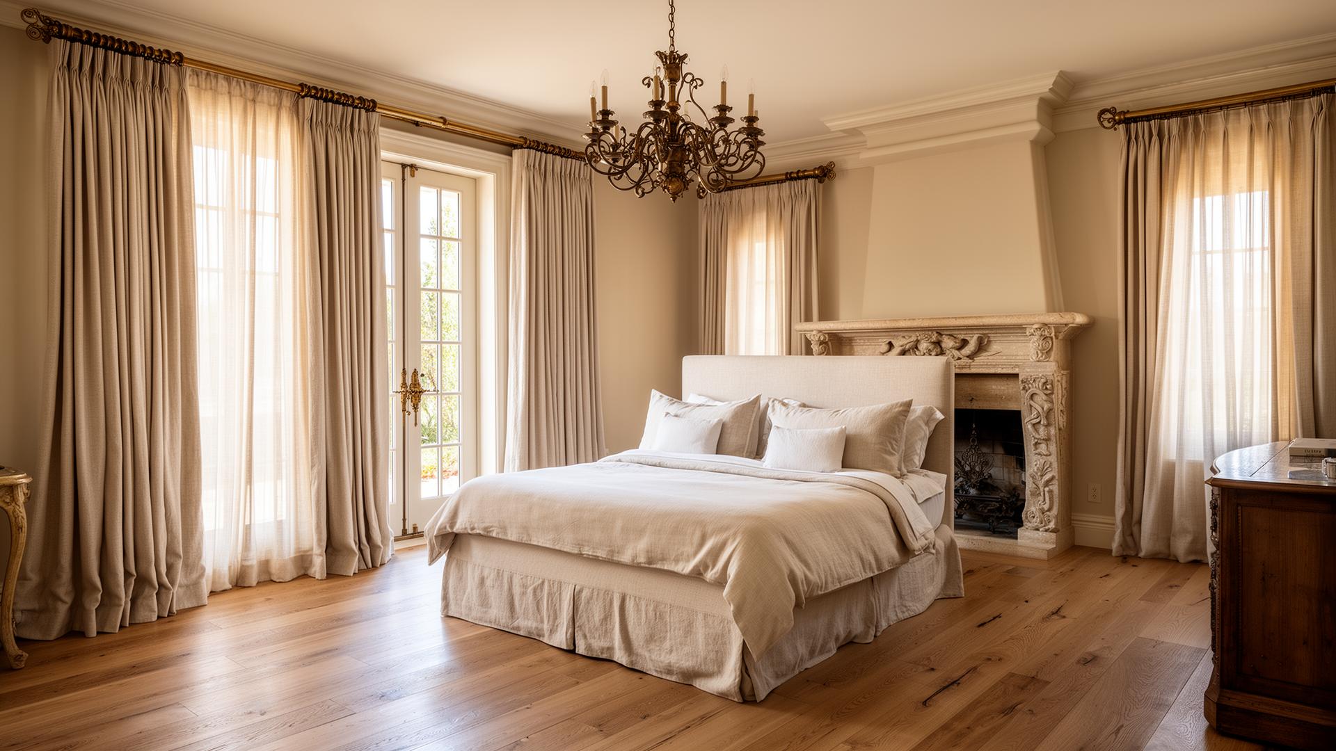 Bel Air estate primary bedroom suite with an upholstered ivory linen bed, carved limestone fireplace, and floor-to-ceiling French pleat drapery in warm bone Belgian linen on hand-forged bronze rods flanking French doors at sunrise