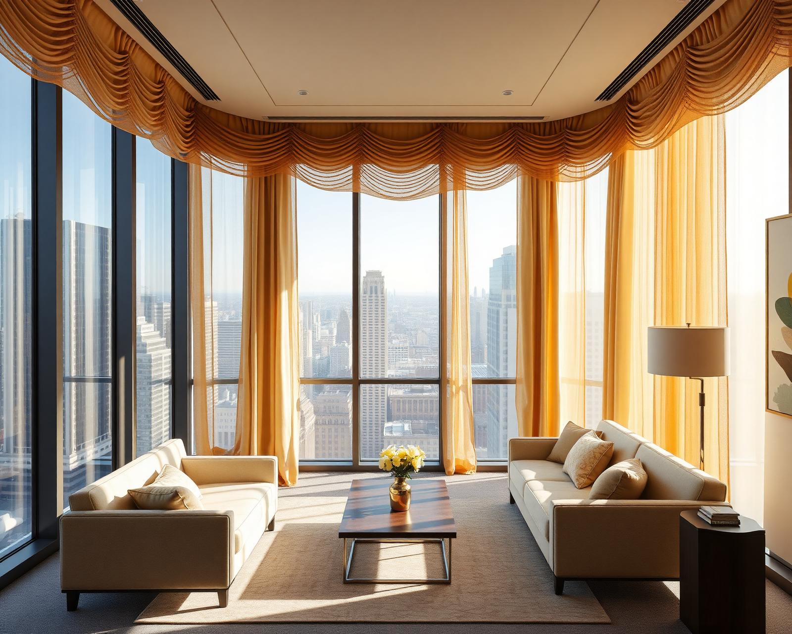 Century City Class-A office tower executive lounge with three walls of floor-to-ceiling glass facing the city, residential-quality cream and camel lounge furniture, and warm bone ripple-fold drapery in inherent-FR linen-look performance fabric on concealed perimeter ceiling track