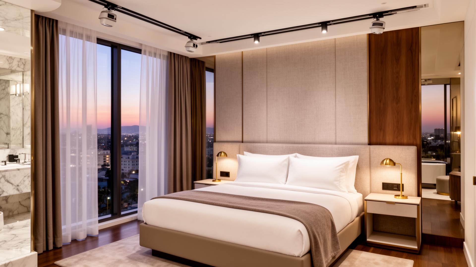 Beverly Hills boutique hotel guest room at dusk with a tailored king bed, upholstered headboard wall in tonal taupe, brass reading lamps, and dual-layer drapery — inherent-FR performance sheer outboard and three-pass blackout inboard — on concealed motorized ceiling tracks framing a city view