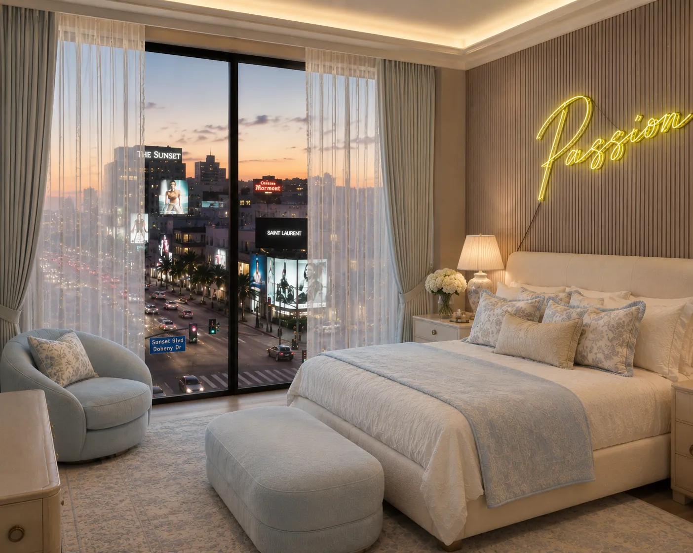 West Hollywood primary bedroom at sunset with extra-sheer linen voile and pale taupe acoustic blackout drapery layered at floor-to-ceiling windows overlooking Sunset Boulevard, the Chateau Marmont, and the city skyline