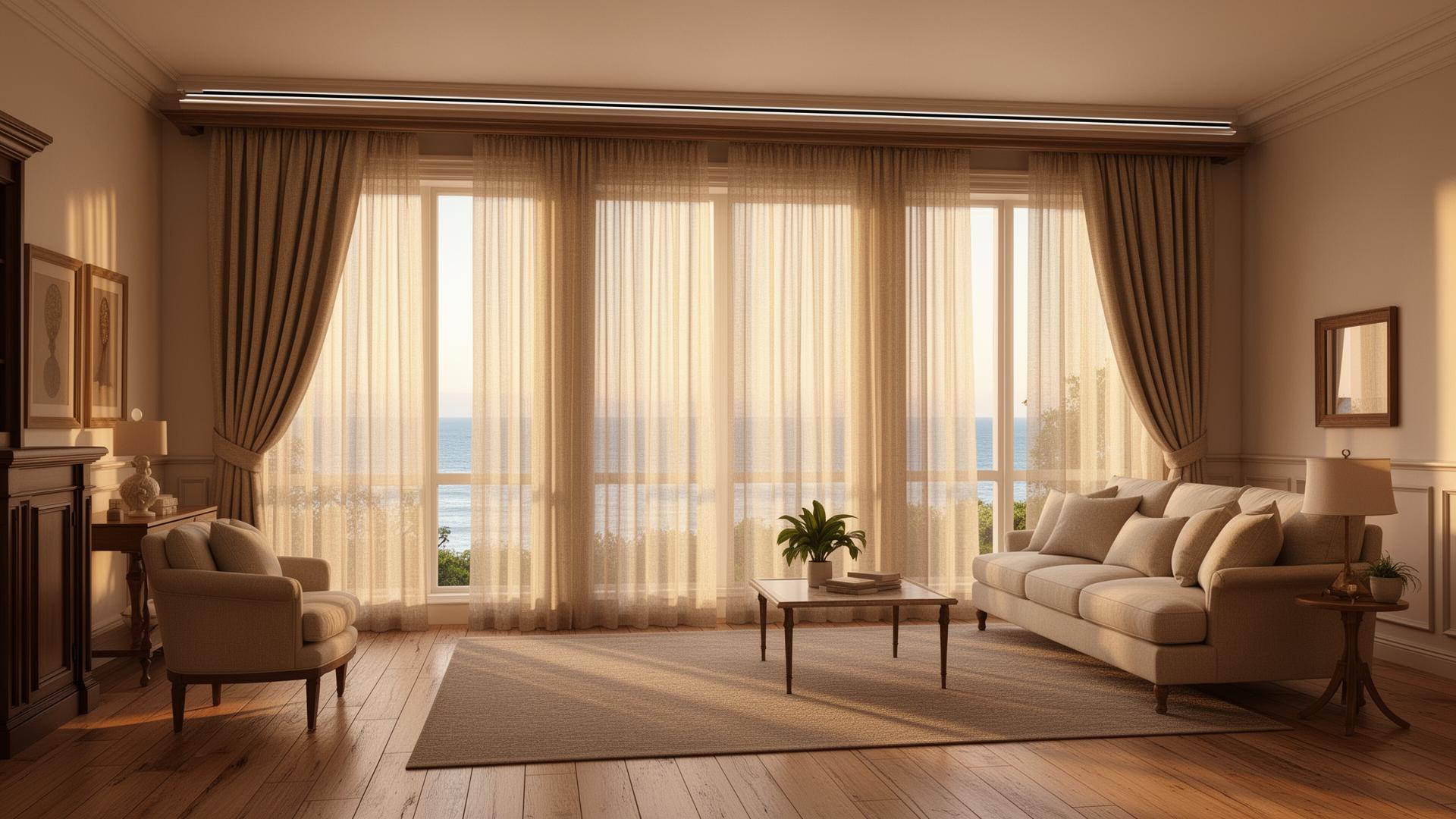 Santa Monica north-of-Montana traditional residence formal living room at late afternoon, west-facing floor-to-ceiling Pacific-view windows dressed in a dual-layer program — warm-bone performance sheer outboard and oat Belgian linen French pleat drapery inboard, both falling from a concealed dual-channel ceiling track recessed into the drywall