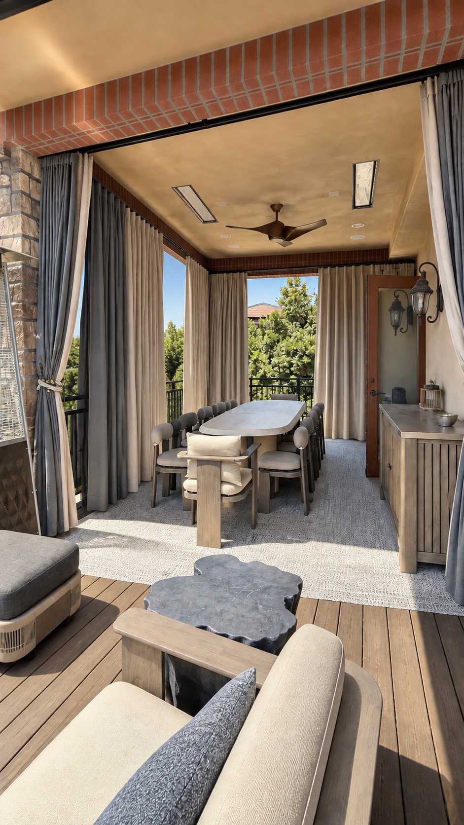Semi-open custom outdoor drapery on covered Thousand Oaks deck with center-opening panels