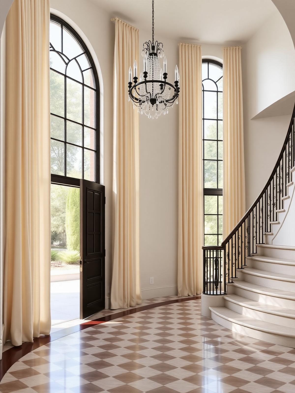 Holmby Hills estate double-height entry foyer with two 22-foot tall arched windows flanking an iron-grille front door, marble checkerboard floor, sweeping curved staircase with iron balustrade, and hand-tacked French pleat drapery in deep parchment wool-linen at full 22-foot drop on slim hand-forged iron rods