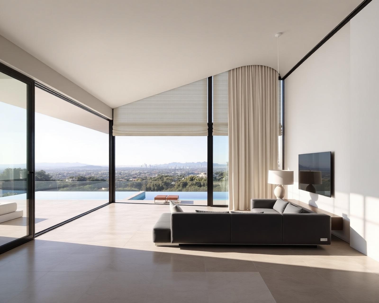 Trousdale Estates modernist glass pavilion living room with 14-foot ceilings, two pocketing walls of floor-to-ceiling sliding glass overlooking Los Angeles, travertine floor, and chalk Belgian linen wave-fold drapery on a fully recessed ceiling track set into a 3-inch reveal