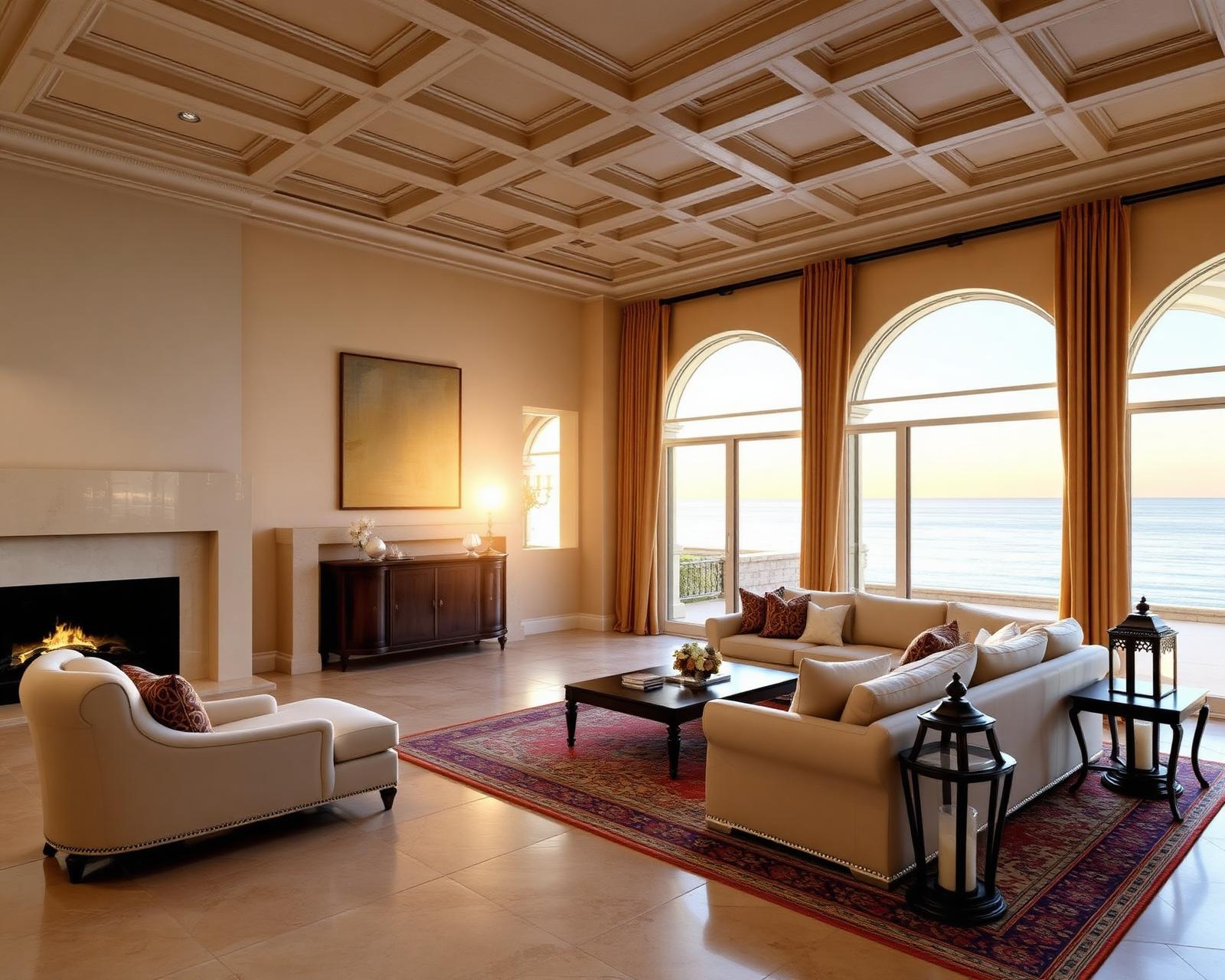 Newport Coast Mediterranean estate formal living room with coffered ceiling, limestone floor and fireplace, and arched French doors opening to a colonnaded loggia and Pacific Ocean view; floor-to-ceiling French pleat drapery in heavyweight warm parchment linen on concealed ceiling track