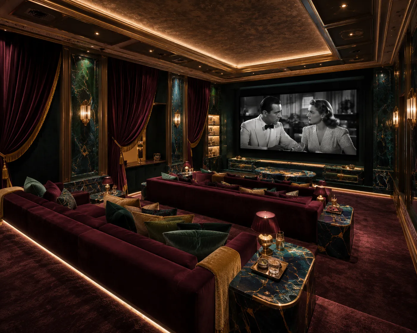 Holmby Hills private home theater finished in green and gold malachite-look marble pilasters, deep oxblood velvet drapery panels with bullion-fringe leading edges and gold tassel tiebacks framing wall niches, swagged valances along the coffered gilded ceiling, oxblood velvet sofas and marble cocktail tables facing a wide cinema screen