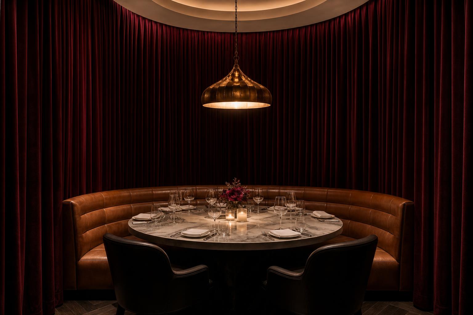 Beverly Hills restaurant private dining room with full-height deep-moss IFR cotton velvet French-pleat drapery on three walls, hand-forged iron rods and custom finials, cognac leather banquette and walnut paneling