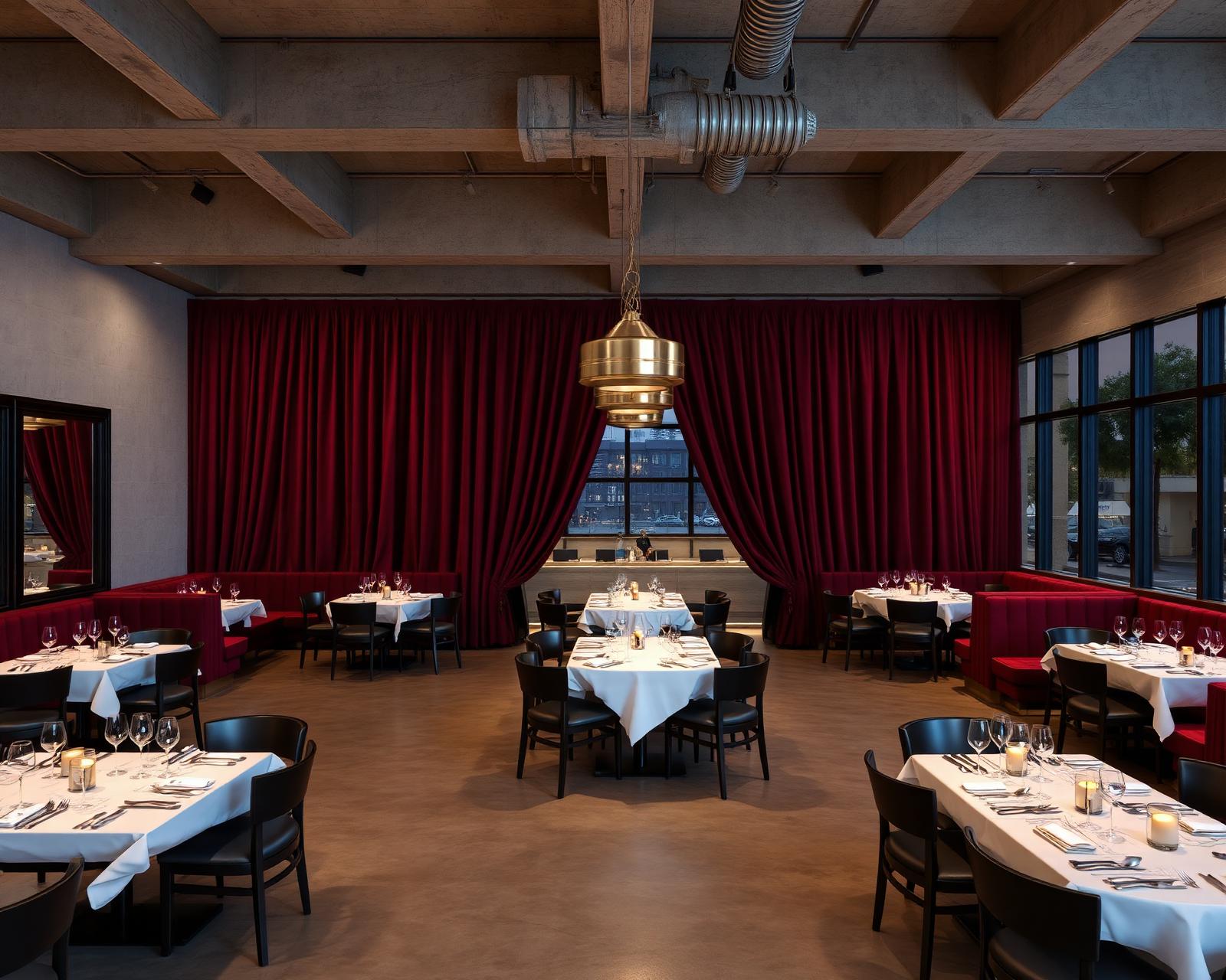 West Hollywood restaurant dining room at evening service with 22-foot exposed industrial ceiling, polished concrete floor, banquettes and walnut chairs, wall-wrapped in deep burgundy inherent-FR cotton velvet acoustic drapery at full drop on concealed ceiling track set 4 inches off the wall
