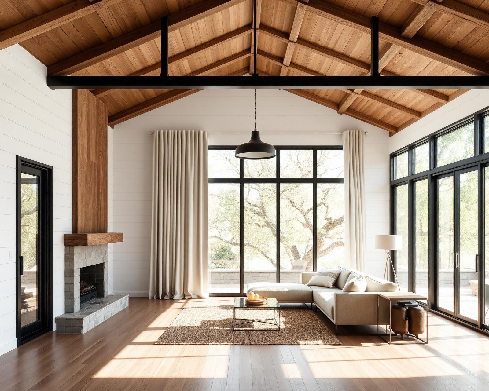 Mandeville Canyon modern farmhouse great room with white shiplap walls, exposed wood truss ceiling, wide oak floor, and large black-framed steel windows facing canyon oaks, dressed in slim tailored-pleat drapery in oat Belgian linen on a concealed ceiling track between trusses