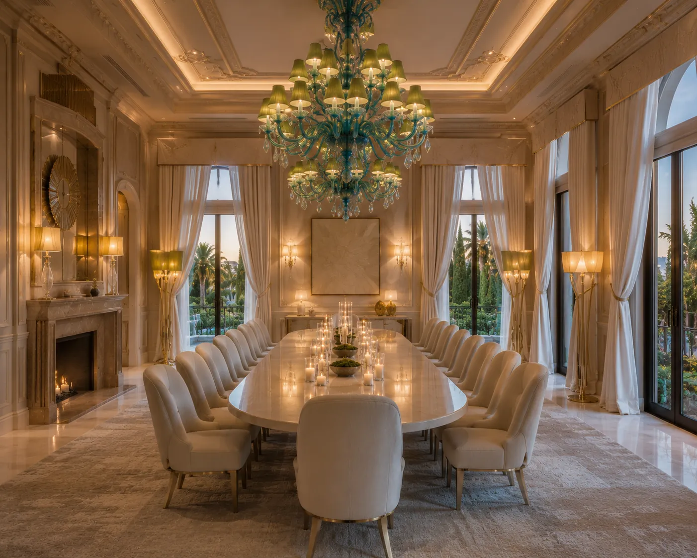 Grand formal dining room with luminous ivory drapery framing soaring windows, a monumental turquoise chandelier, and a long candlelit table beneath detailed plaster ceilings