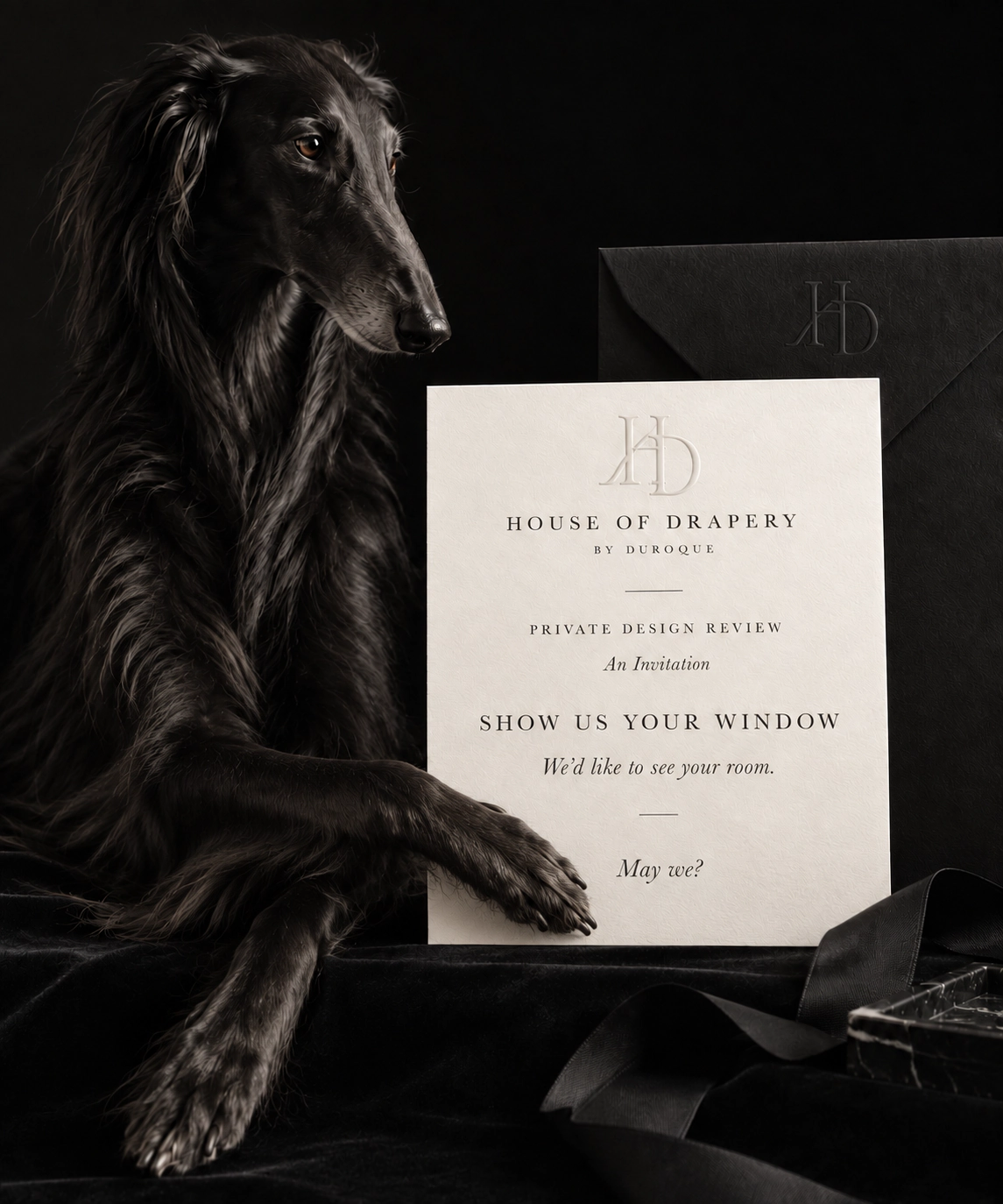 House of Drapery Private Design Review invitation presented by a black Borzoi; the invitation reads Show Us Your Window, We’d like to see your room, May we?