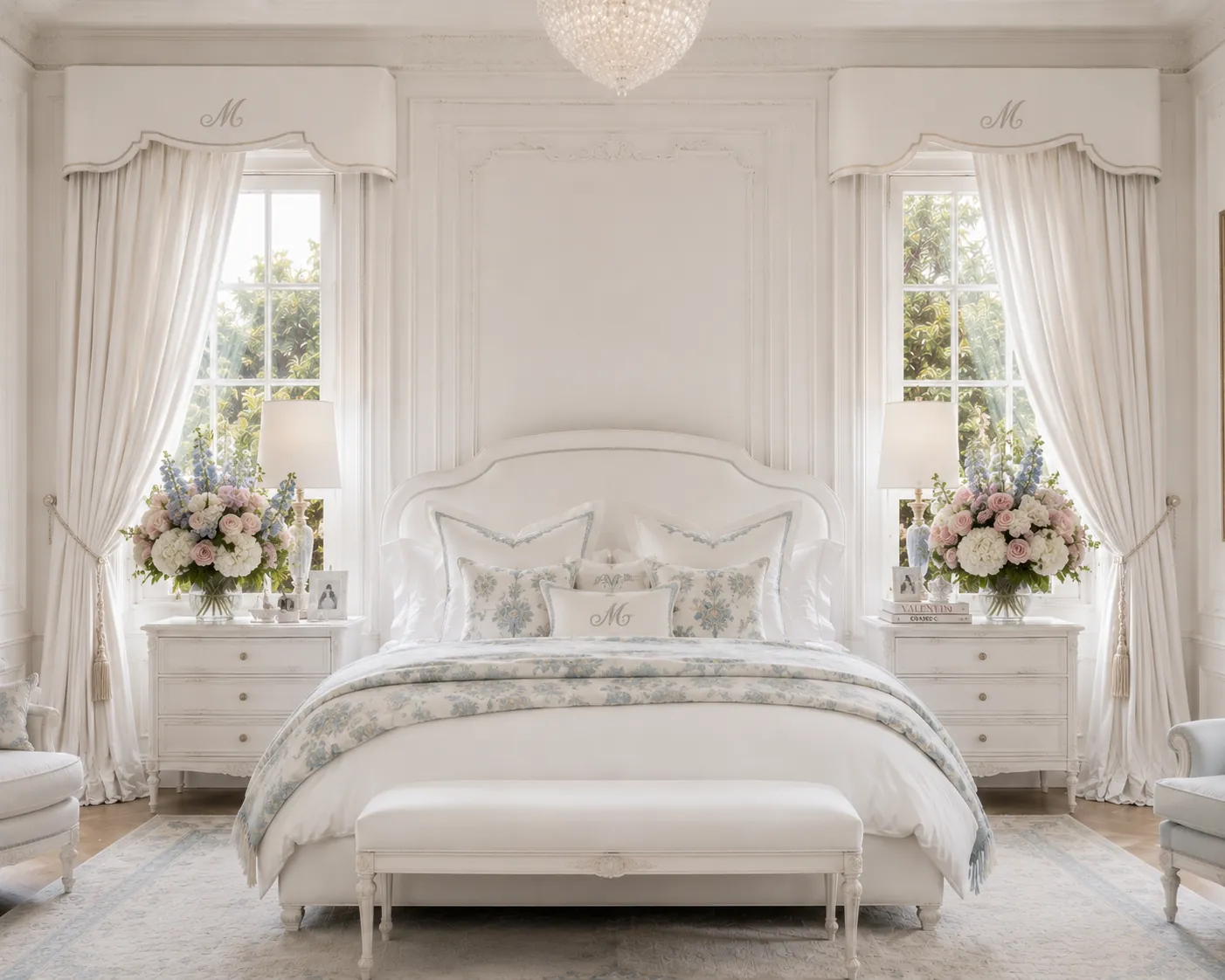 Pacific Palisades master bedroom with matched scalloped white linen cornice boxes hand-embroidered with a monogram initial above each flanking window, full-length white linen drapery panels with tasseled tiebacks, upholstered headboard against carved French boiserie, crystal chandelier and pastel floral arrangements