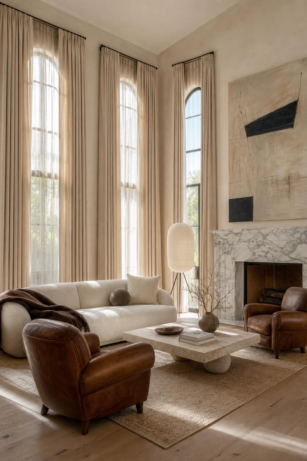 Beverly Hills formal living room with floor-to-ceiling French pleat drapery in heavy off-white wool blend flanking three sets of French doors, beneath a crystal chandelier