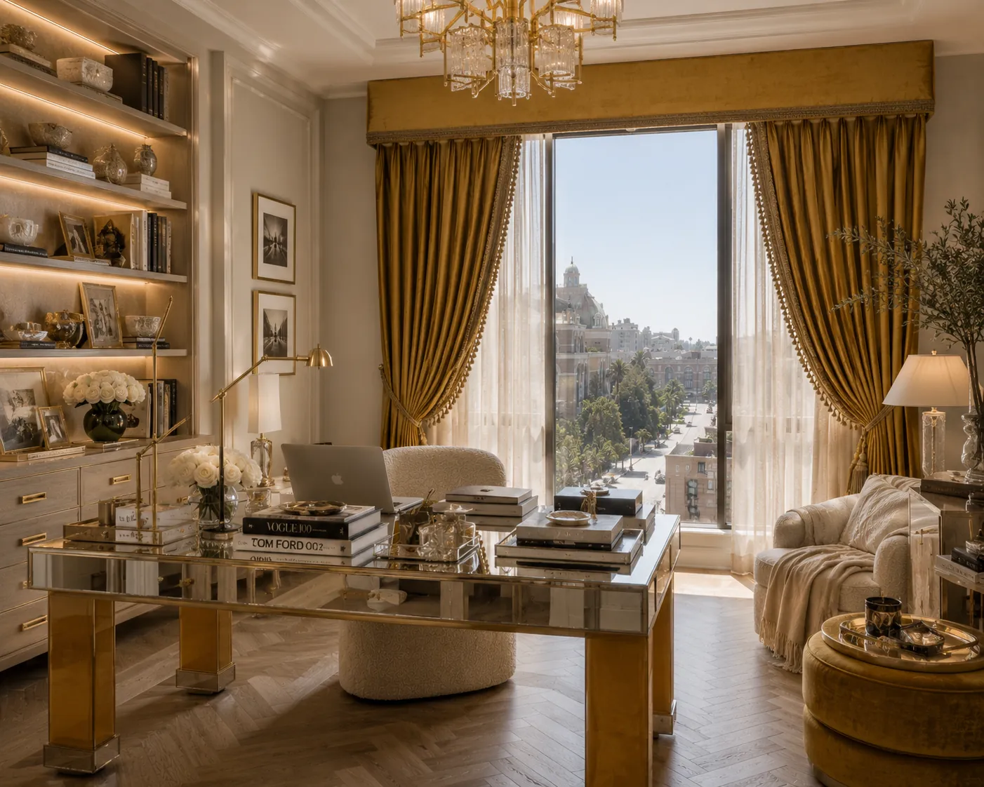 Luxury home office with floor-to-ceiling gold velvet drapery, beaded trim and tassel tiebacks, upholstered gold velvet cornice with bullion fringe, layered ivory sheers, mirrored brass-leg desk, and a tall city view through a single oversized window