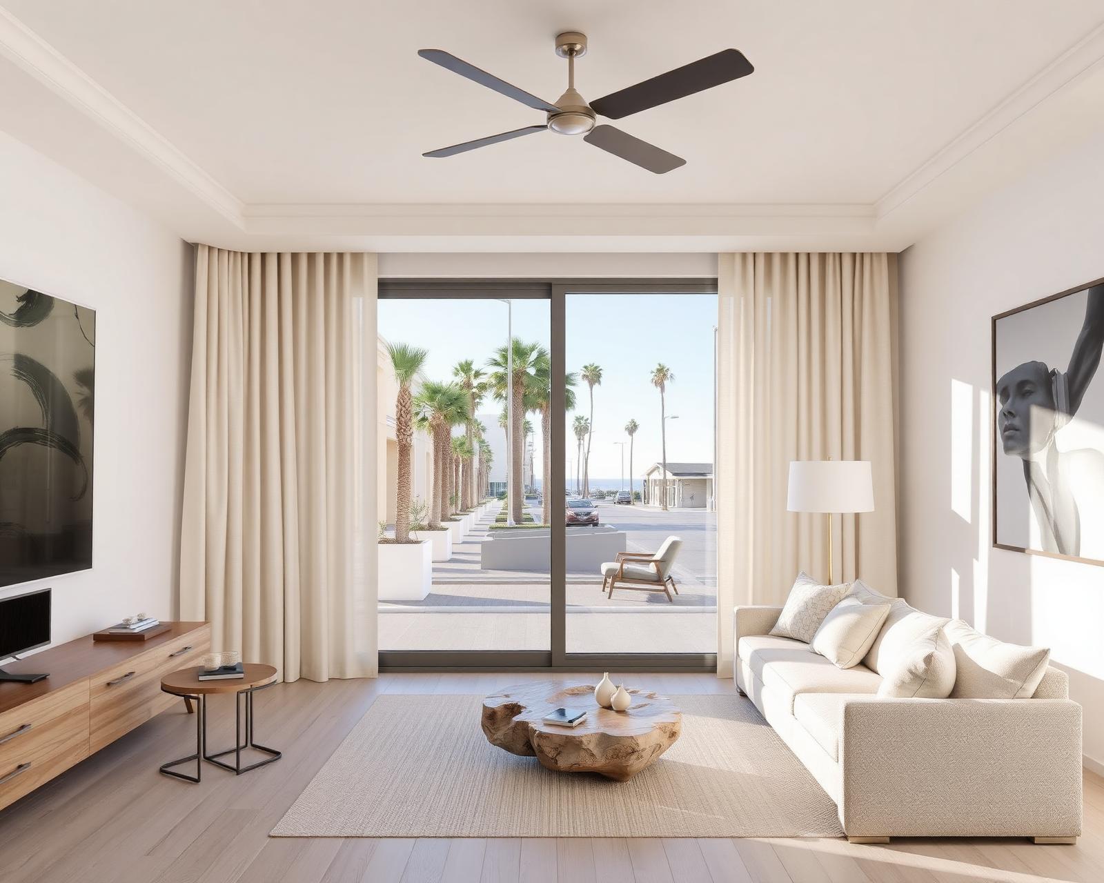 Contemporary Manhattan Beach coastal family room with white oak floor, cream boucle sectional, and floor-to-ceiling sliding glass facing a walk-street; layered dual-track motorized wave-fold drapery — outboard performance sheer and inboard warm-sand Belgian linen — on concealed ceiling track