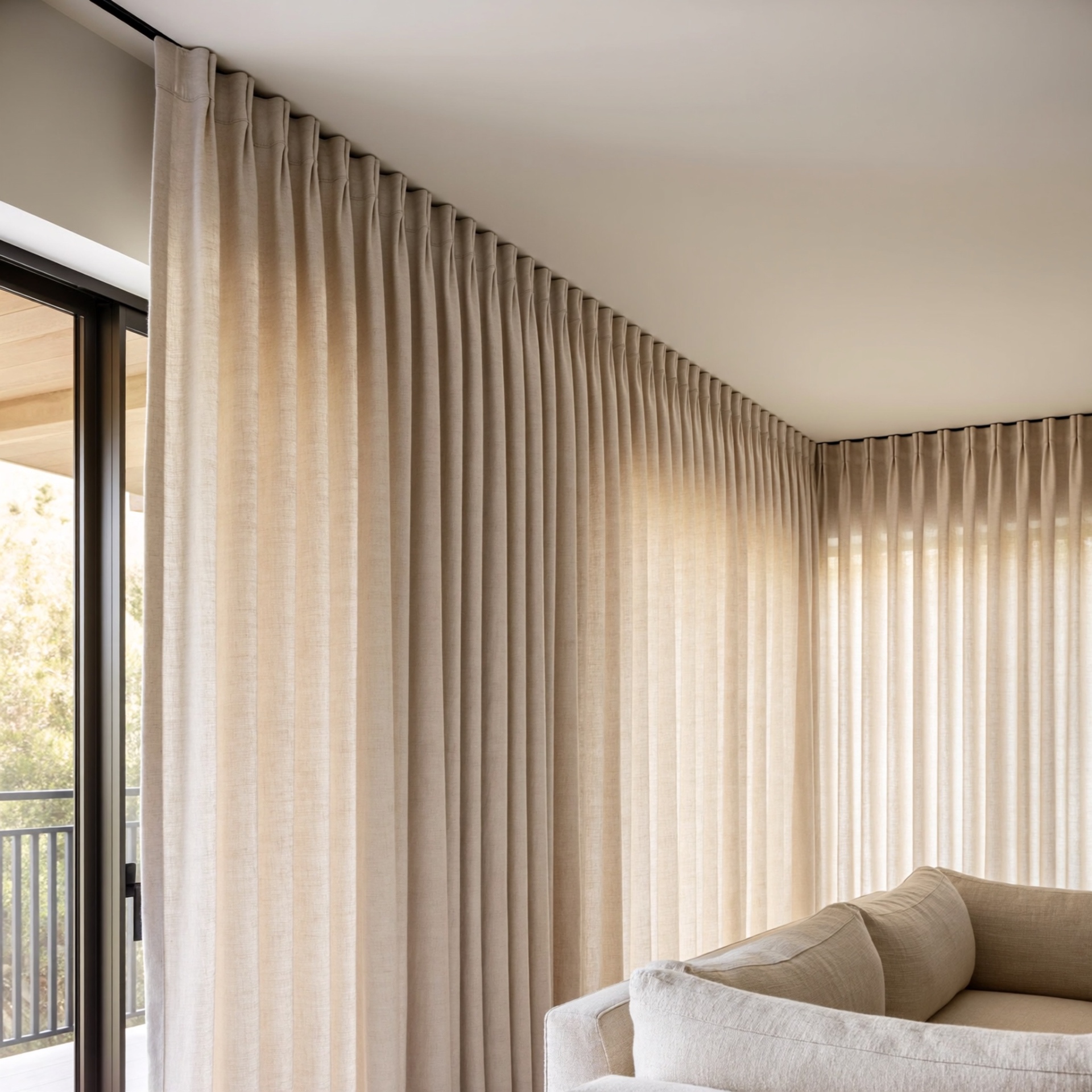 Warm oat Belgian linen French pleat drapery in a Reseda great room, ceiling-mounted on a concealed track and returning across an interior corner above a sliding glass door