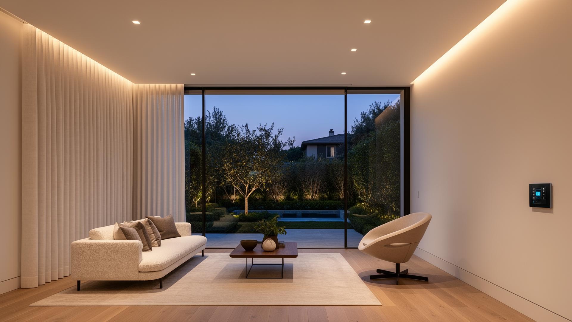 Contemporary Brentwood smart-home living space at dusk with a double-height wall of glass facing a landscaped courtyard, ripple-fold drapery in tonal off-white linen partially drawn on a concealed Lutron ceiling track, low boucle sofa, sculptural lounge chair, integrated Lutron keypad on the plaster wall