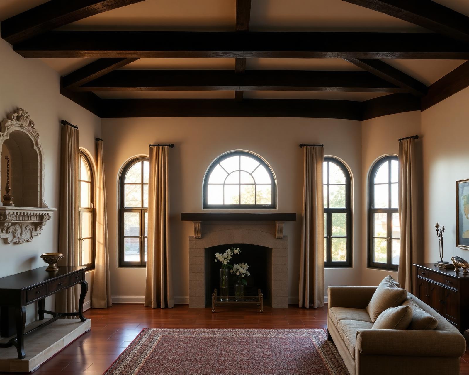 Los Feliz 1928 Spanish Revival living room with carved limestone fireplace, original plaster walls, dark wood-beam 11-foot ceiling, and three 9-foot arched-top casement windows framed by floor-to-ceiling oat Belgian linen French pleat drapery on hand-forged dark bronze iron rods