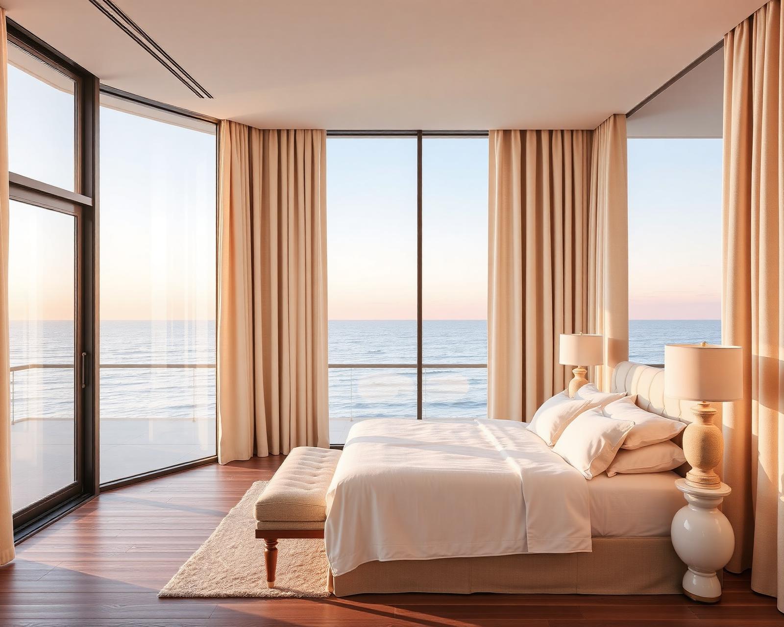 Malibu oceanfront primary bedroom at sunrise with full Pacific-facing floor-to-ceiling glass, oak floor, linen-dressed king bed, and dual-layer motorized drapery on concealed dual-channel ceiling track — outboard marine-rated performance sheer and inboard warm bone Belgian-linen-faced three-pass blackout — both stacked off-glass