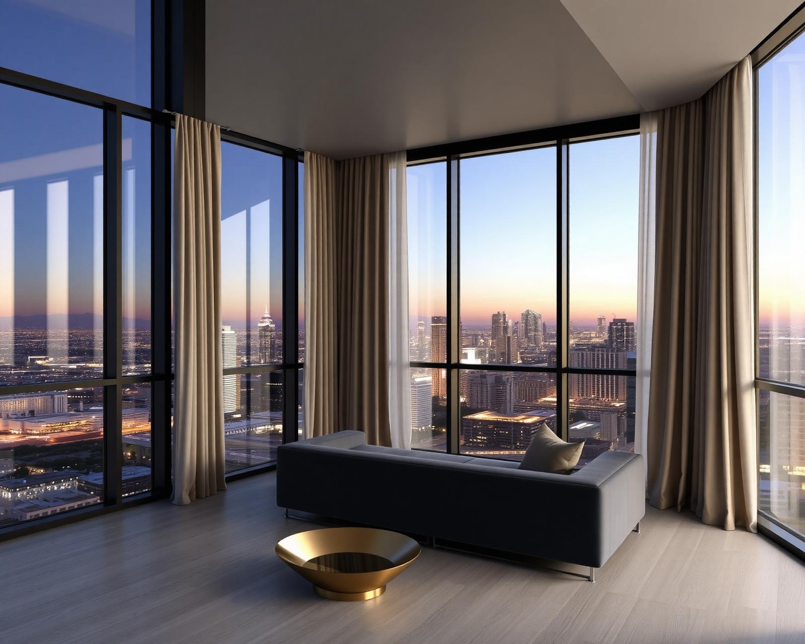 32nd-floor Century City high-rise condominium living room with floor-to-ceiling glass on three sides showing a panoramic LA cityscape at twilight, white oak floor, low gray velvet sectional, and dual-layer motorized drapery — outboard solar sheer and inboard warm bone three-pass blackout — on concealed ceiling track in a soffit