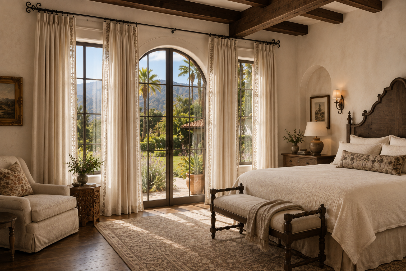 Spanish Revival bedroom with wood beam ceiling, an arched garden door and flanking windows dressed in floor-length ivory linen French pleat drapery on hand-forged iron rods