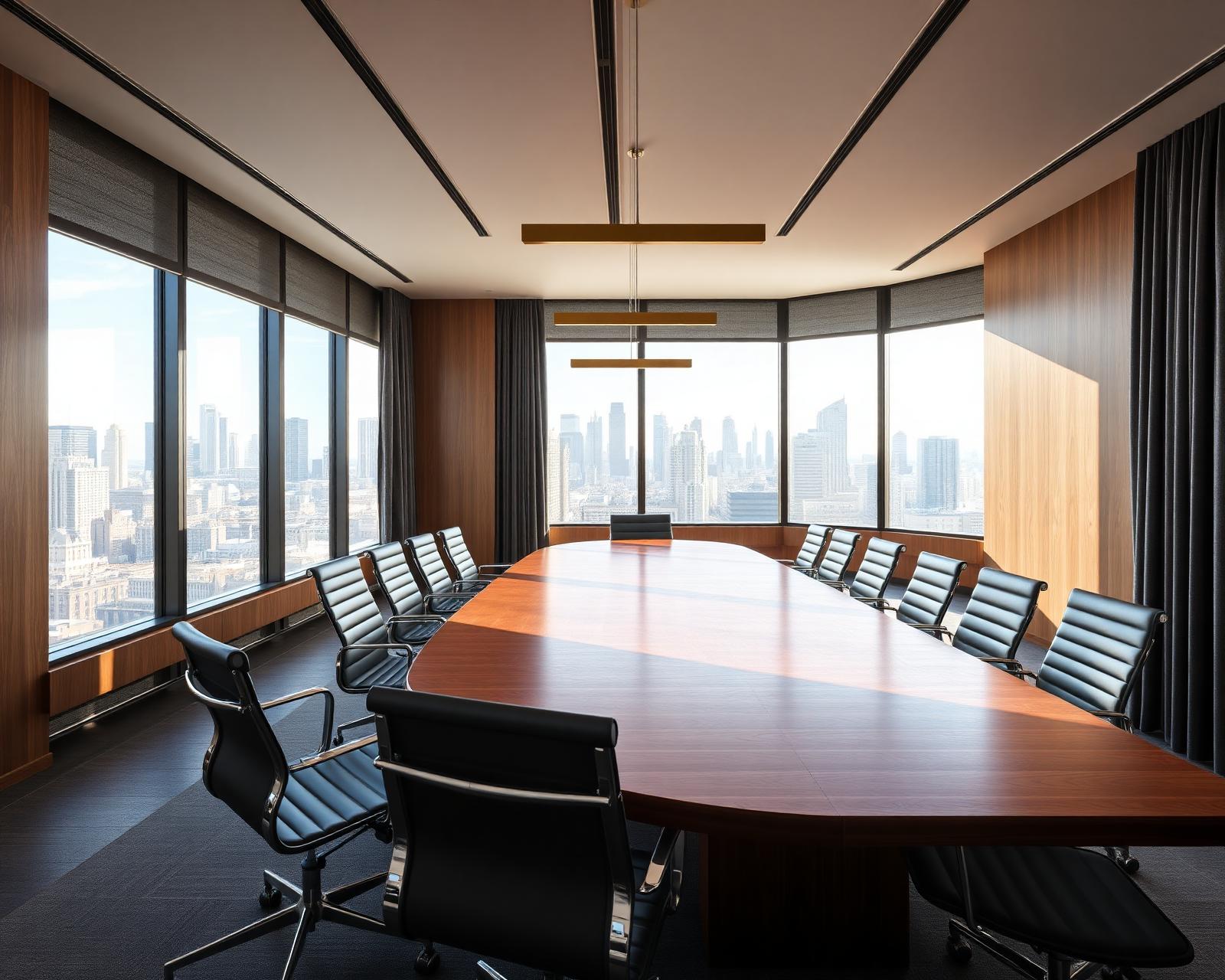 Downtown Los Angeles top-floor law firm conference room with polished walnut conference table, Eames executive chairs, integrated wood-paneled walls, floor-to-ceiling glass facing the LA skyline, and deep charcoal inherent-FR wool pinch pleat drapery on concealed ceiling track wrapping the glazing