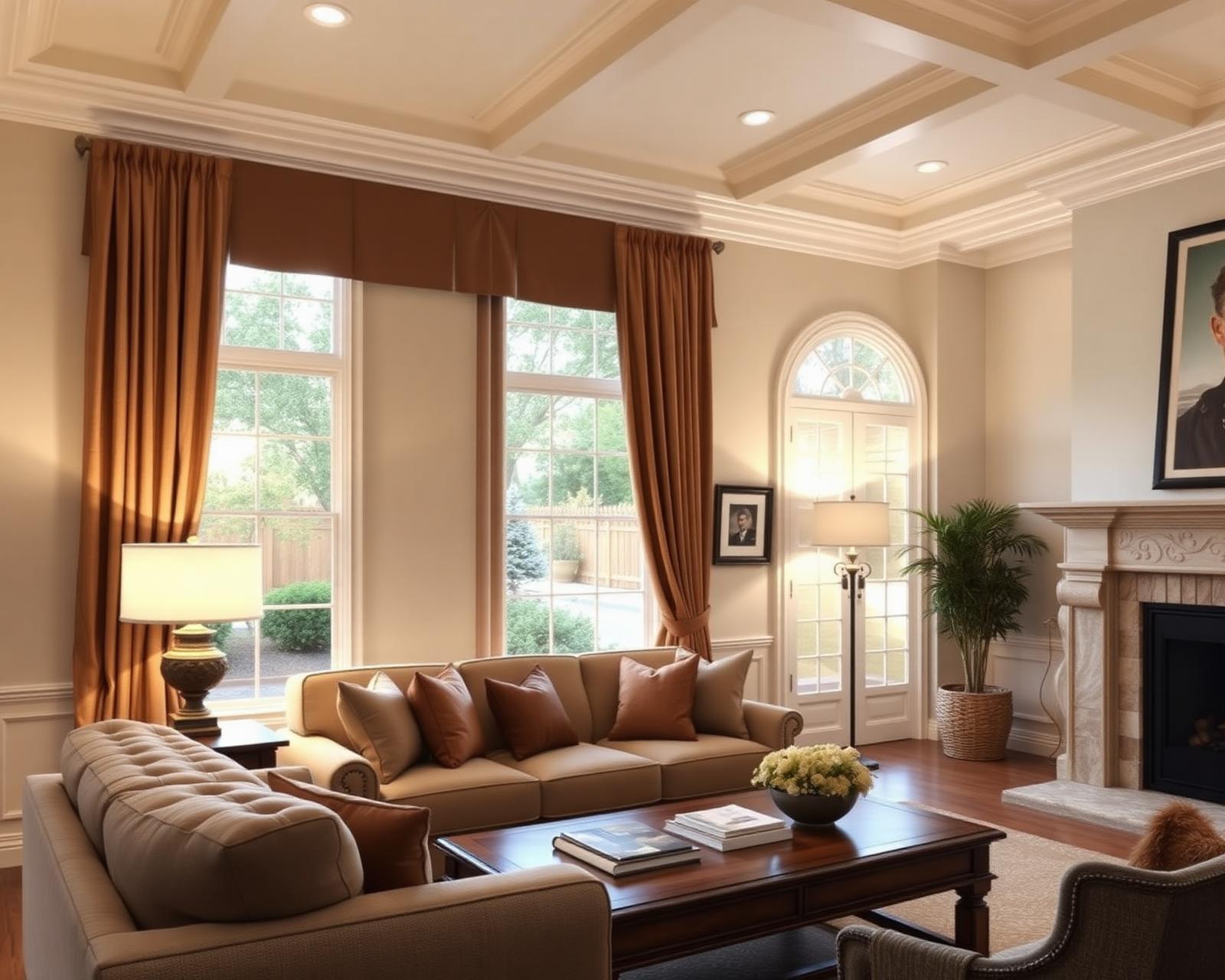 Traditional Burbank family room with new crown molding, a limestone fireplace, and goblet pleat drapery in heavyweight walnut linen behind tailored upholstered cornice boards covered in the same fabric, traverse rod concealed behind