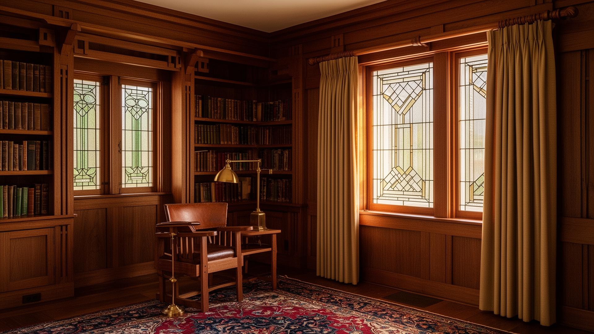 Pasadena Craftsman library with quarter-sawn oak paneling and bookcases, leaded-glass casement windows, and slim camel wool flannel pinch-pleat drapery on a hand-turned wood pole stacked tight against the paneling