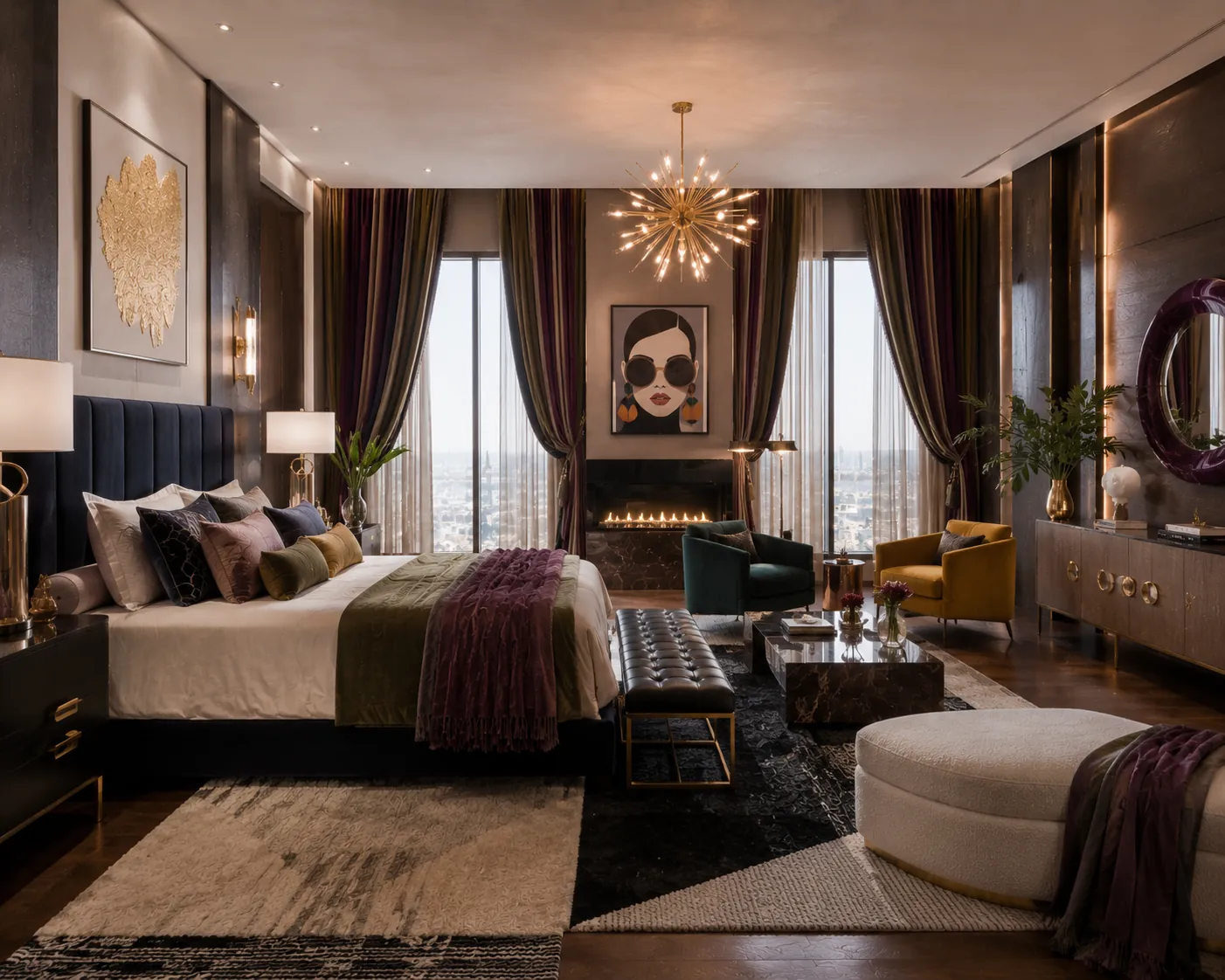 Masculine Hollywood primary bedroom with two tall view windows flanking a linear gas fireplace, layered with bronze inverted-pleat sheers and floor-to-ceiling aubergine and olive drapery, sputnik chandelier overhead and dark wood paneling throughout