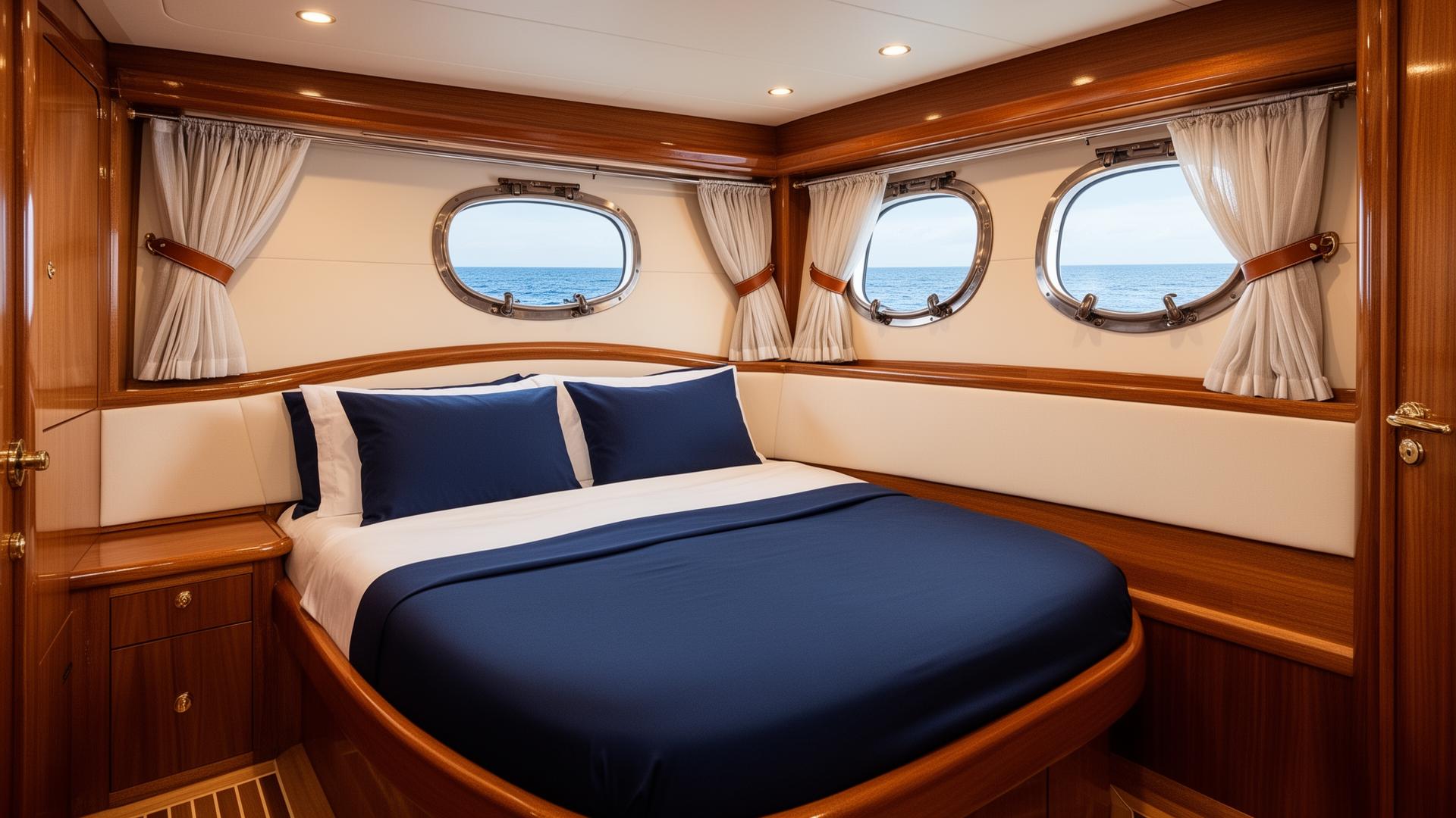 Interior of a 72-foot sailing yacht aft cabin with varnished teak joinery, queen bed in navy-and-white linens fitted to the curved hull, and marine FR linen sheer drapery on slim stainless rods over oval portholes held with leather tiebacks, ocean visible through the glass