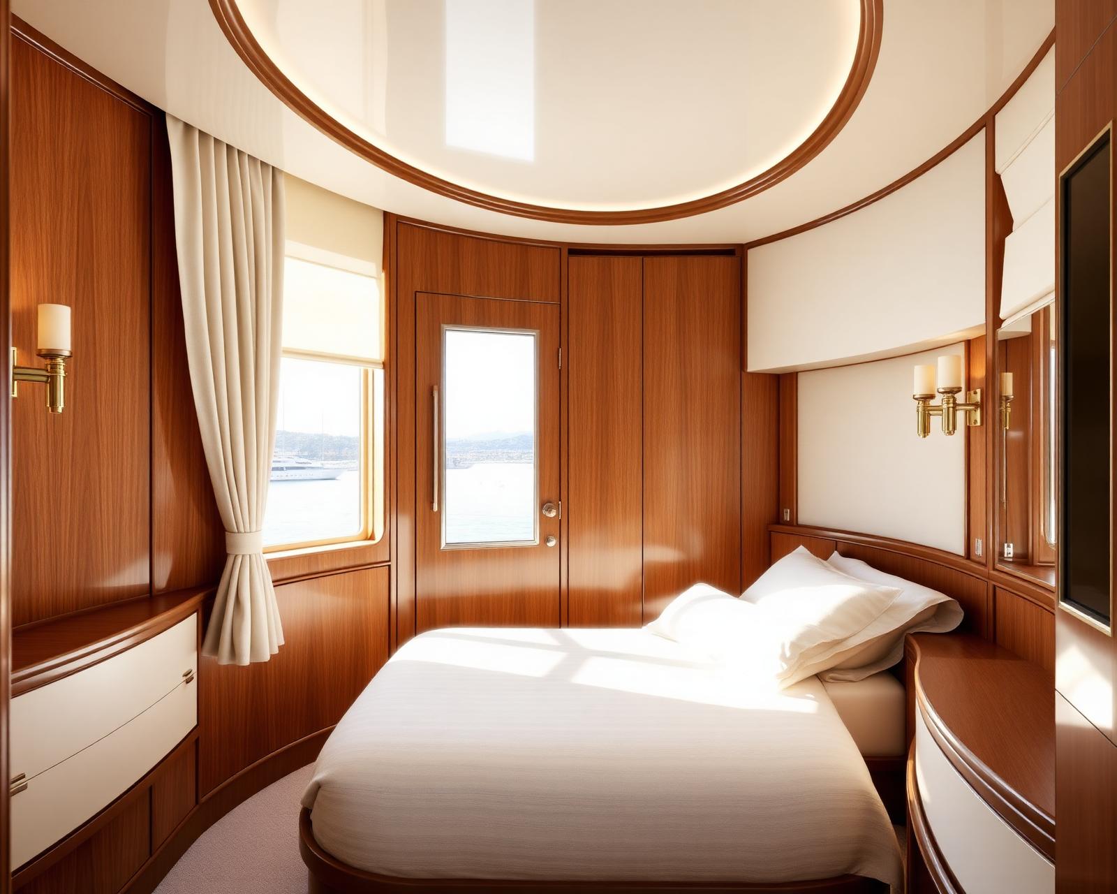 Owner's stateroom on a luxury motor yacht with Newport Coast harbor visible through the side windows, curved walnut joinery, king berth in ivory linen, and layered marine drapery — outboard marine-rated sheer and inboard warm bone three-pass blackout — on twin concealed overhead tracks