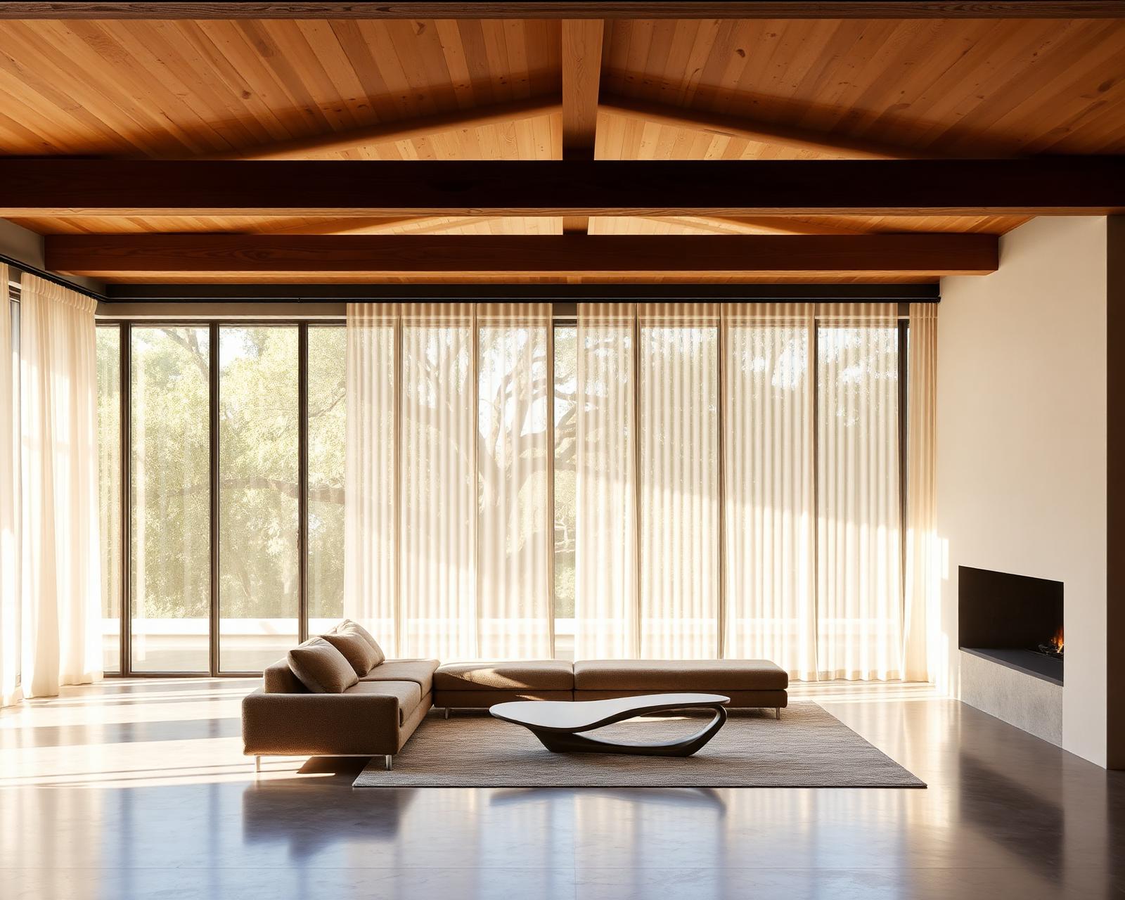 1955 Silver Lake mid-century post-and-beam great room with exposed wood-beam ceiling, polished concrete floor, and a 24-foot wall of glass facing eucalyptus trees, dressed in off-white performance sheer ripple-fold drapery on a fully recessed ceiling track between the beams