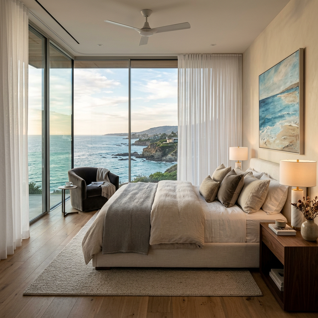 Malibu primary bedroom at golden hour with ripple fold performance sheers drawn across floor-to-ceiling glass, softly filtering light over the Pacific coastline view