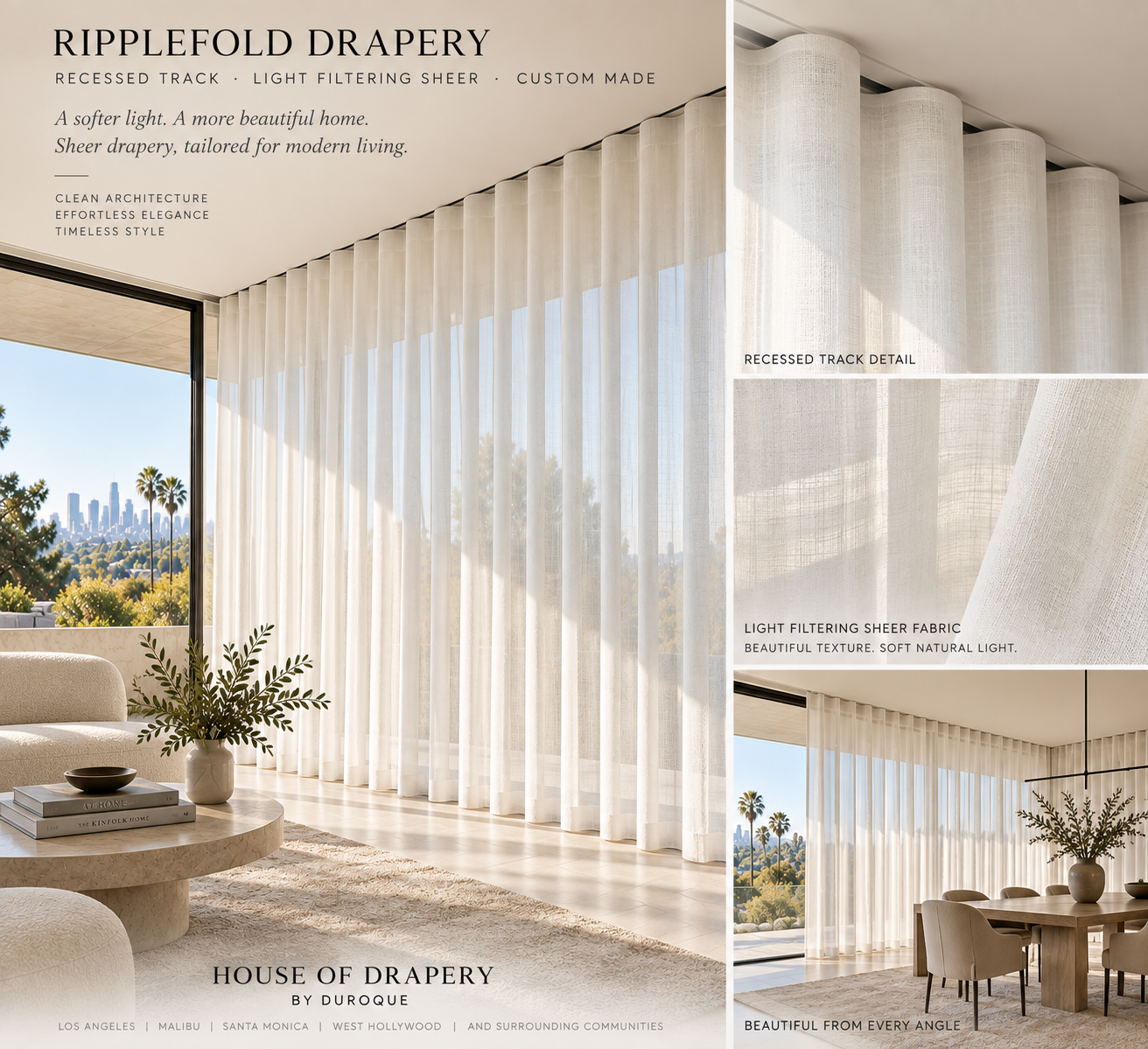 Light-filtering floor-to-ceiling sheer drapery in a contemporary interior