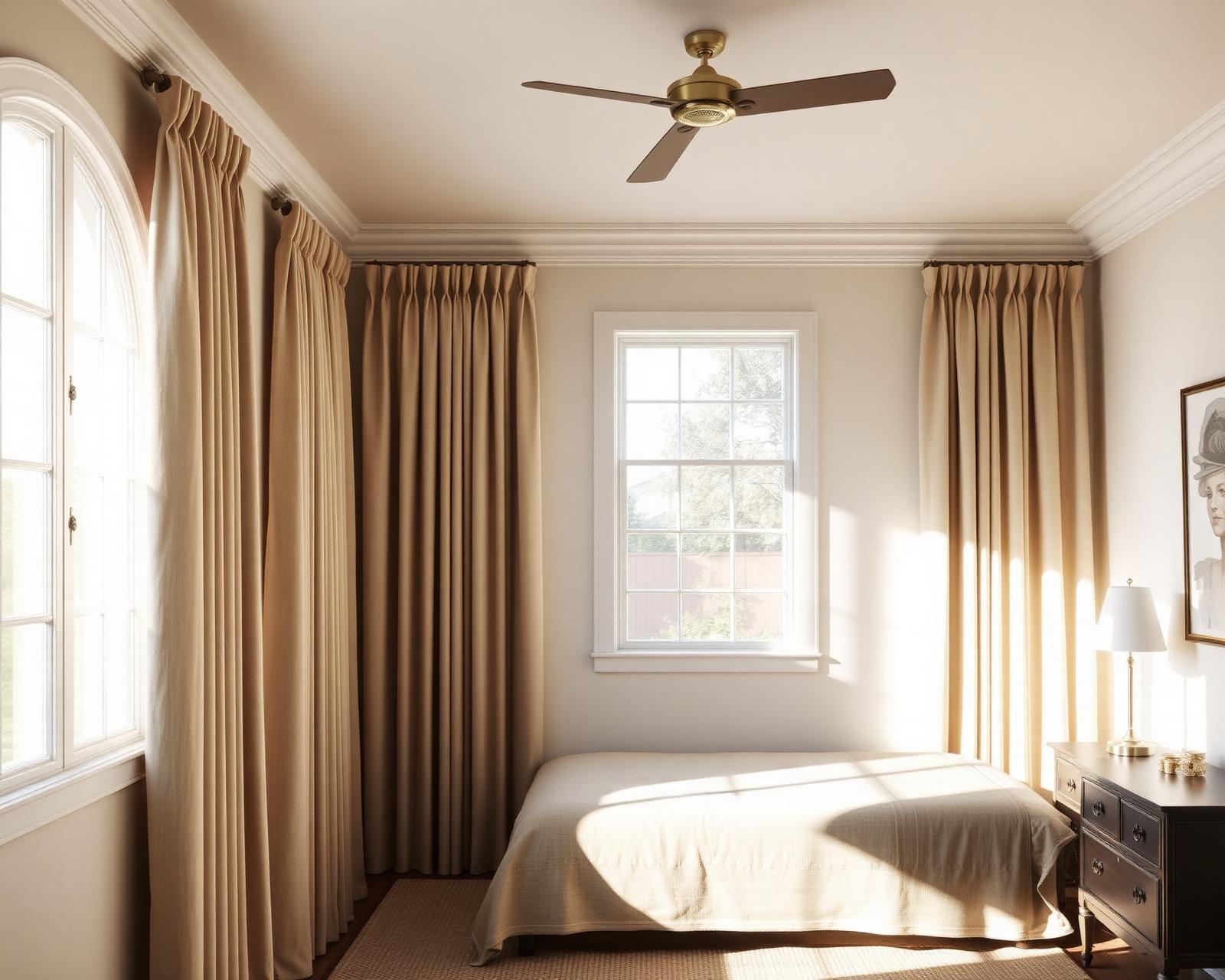 1920s Venice bungalow primary bedroom with 8-foot plaster ceilings and a single west-facing window, wall-to-wall ceiling-mounted tailored pleat drapery in oatmeal Belgian linen with concealed three-pass blackout backing and magnetic edge channels sealing the side returns