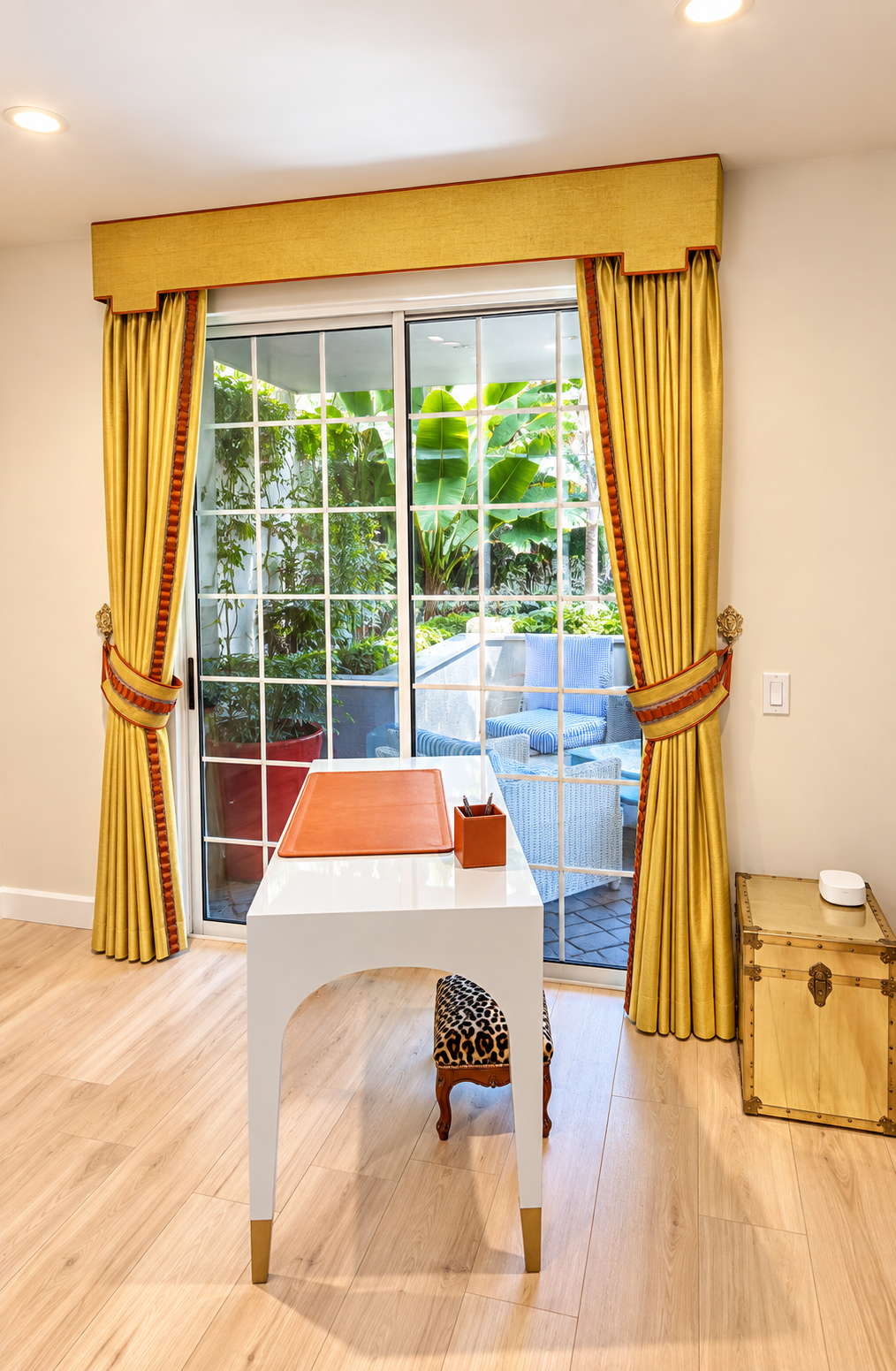 Sunflower gold velvet drapery and custom cornice in Beverly Hills office